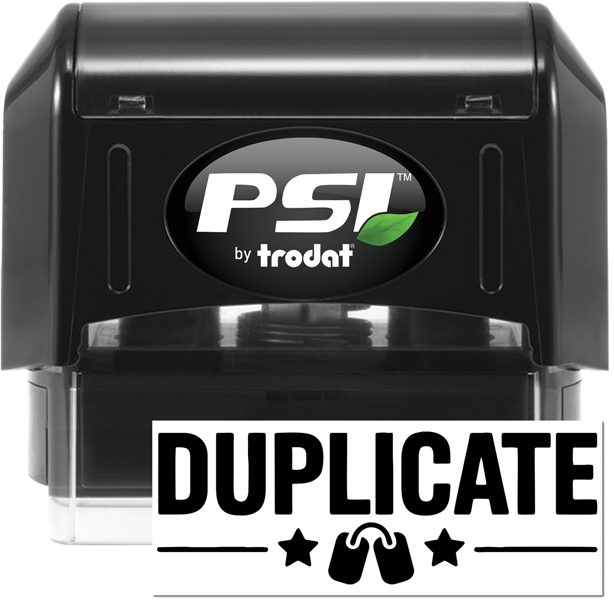 Black PSI by Trodat self-inking duplicate stamp and seal with white DUPLICATE text and green leaf logo.