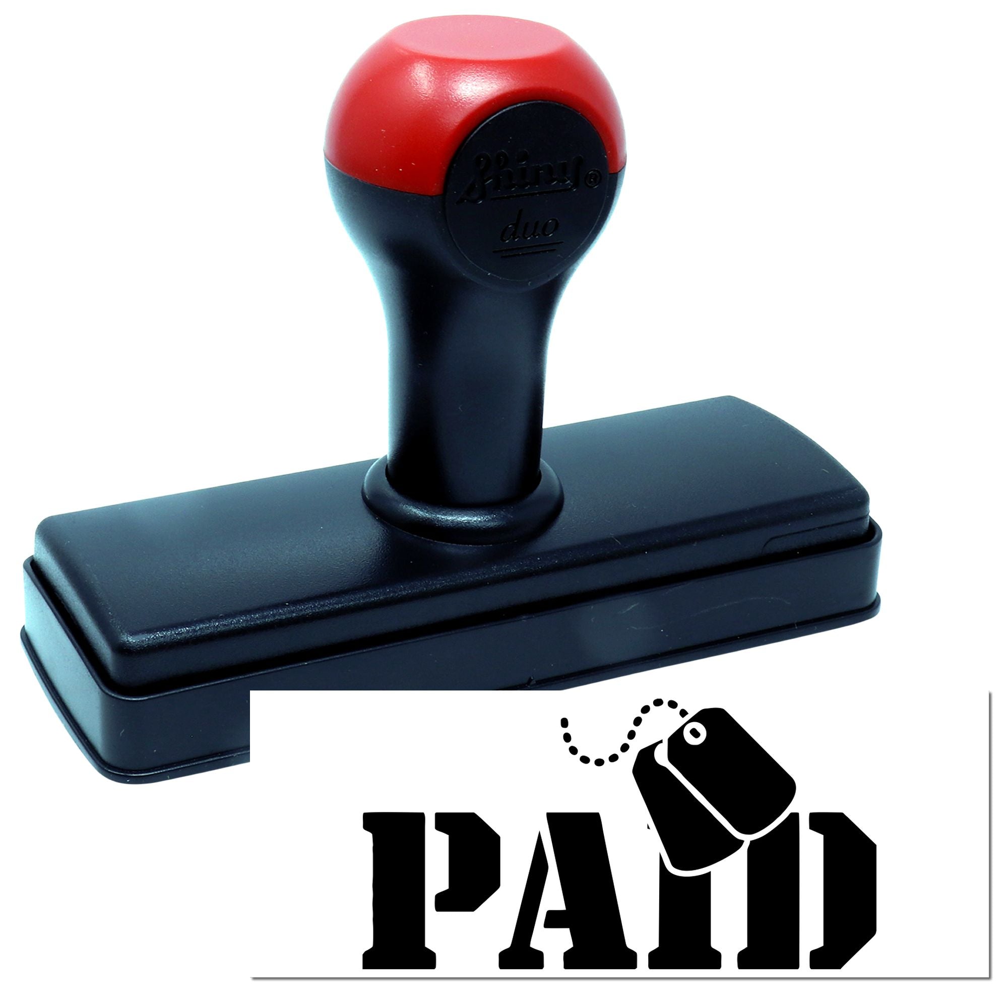 Red and black self-inking stamp and seal with rectangular base and bold PAID imprint.
