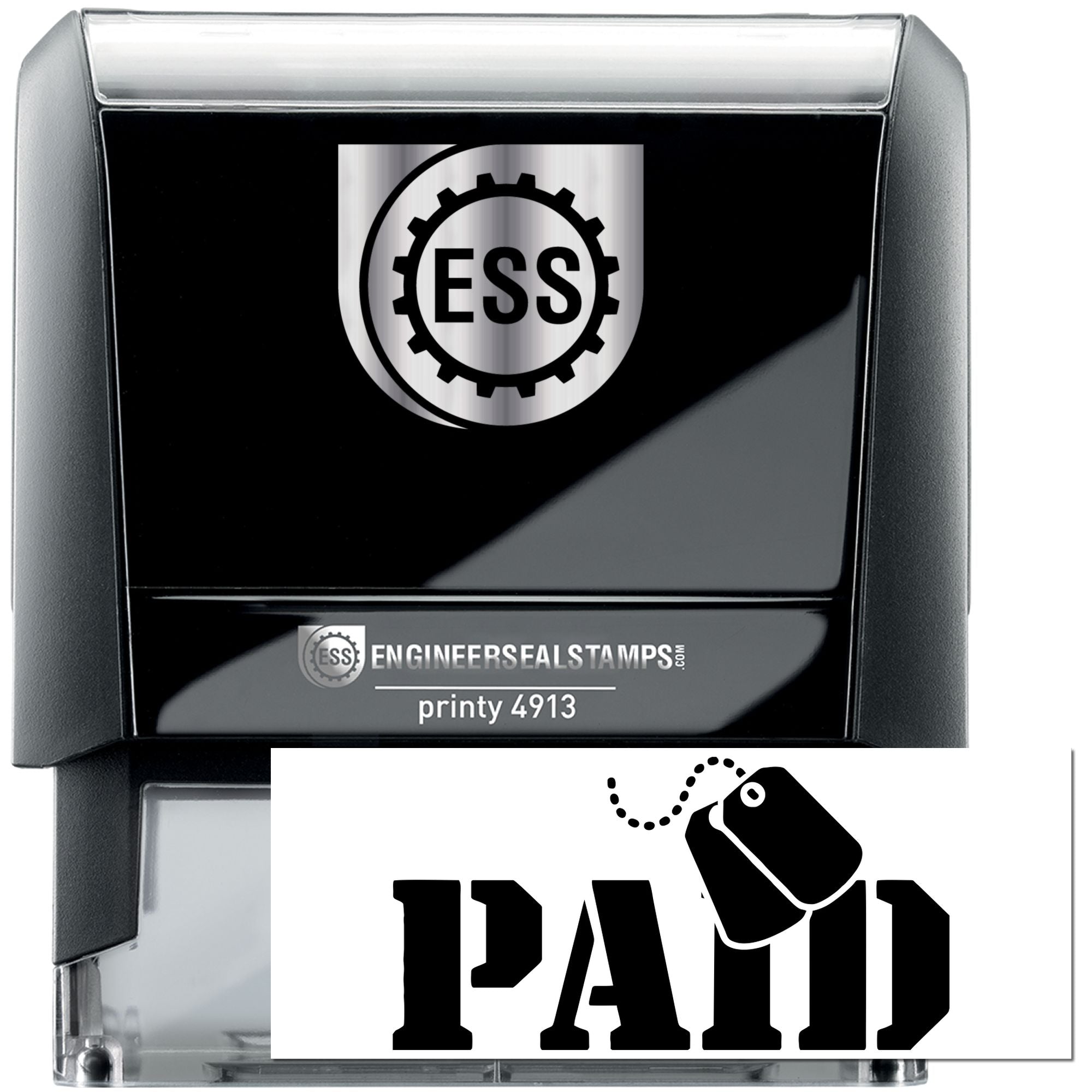 Black and silver ESS self-inking stamp with gear logo and PAID seal, featuring stamp and seal products.