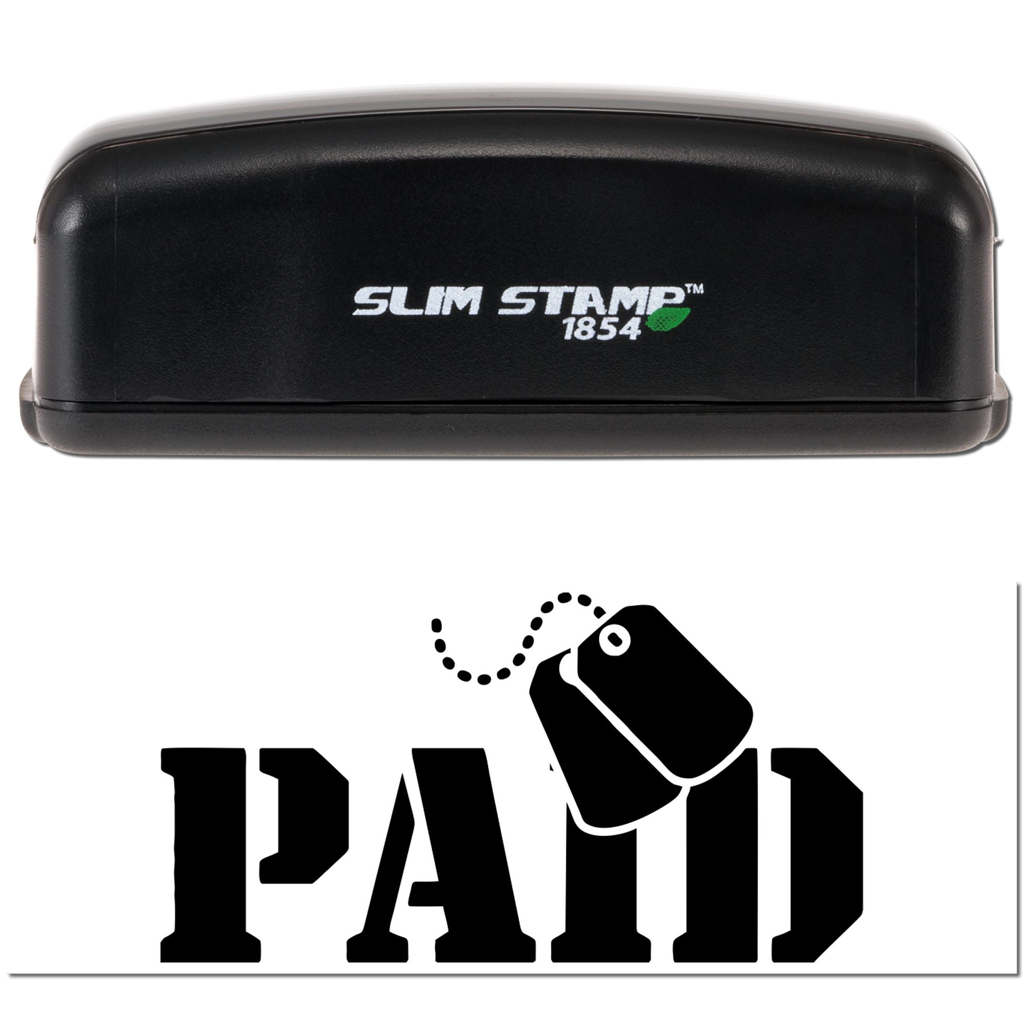 Black Slim Stamp 1854 stamp and seal tool with white logo and green accent, above bold PAID seal graphic.