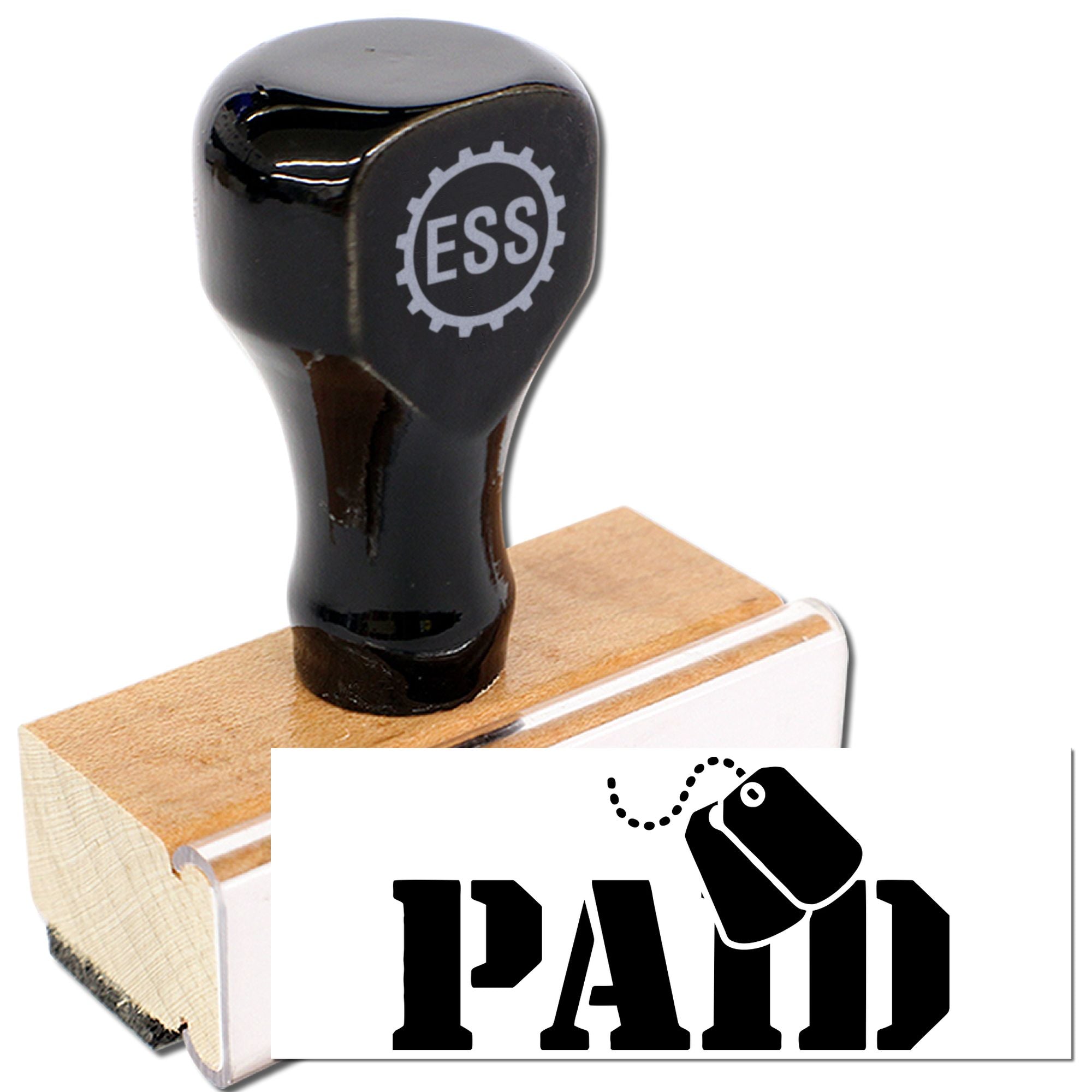 Black self-inking stamp and seal with wooden base, ESS logo, and bold PAID marking.