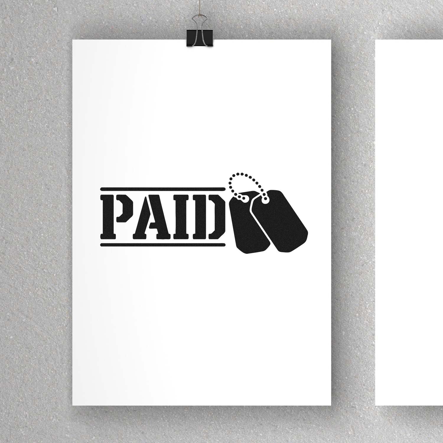 Black PAID stamp with hanging dog tag seal icon on white paper, minimalist office-style design