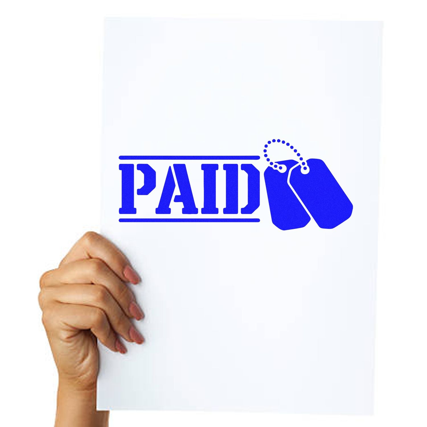 Blue PAID rubber stamp and hanging tag seal icon on white paper, held by a hand