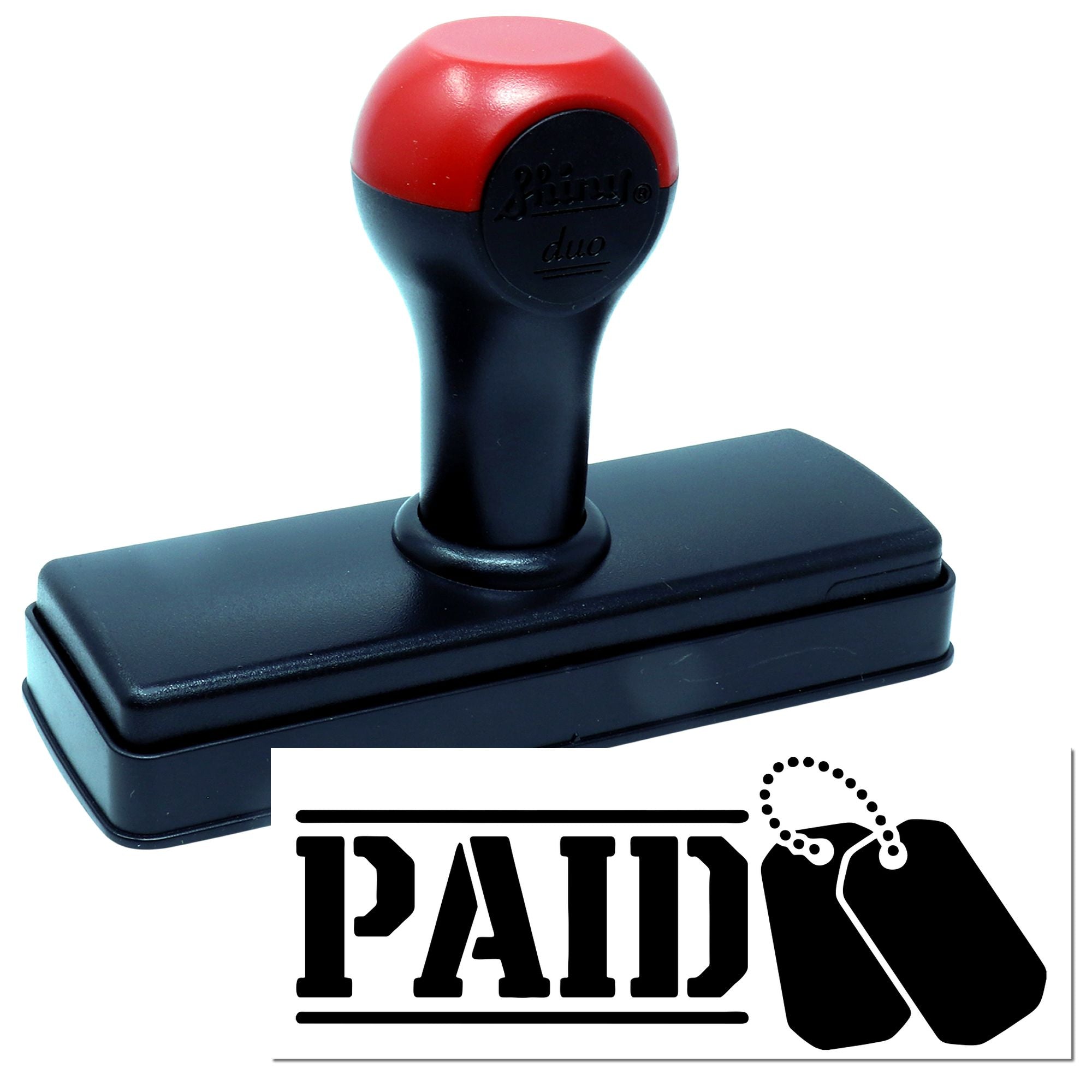 Red and black self-inking stamp and seal with rectangular base and bold PAID tag graphic.