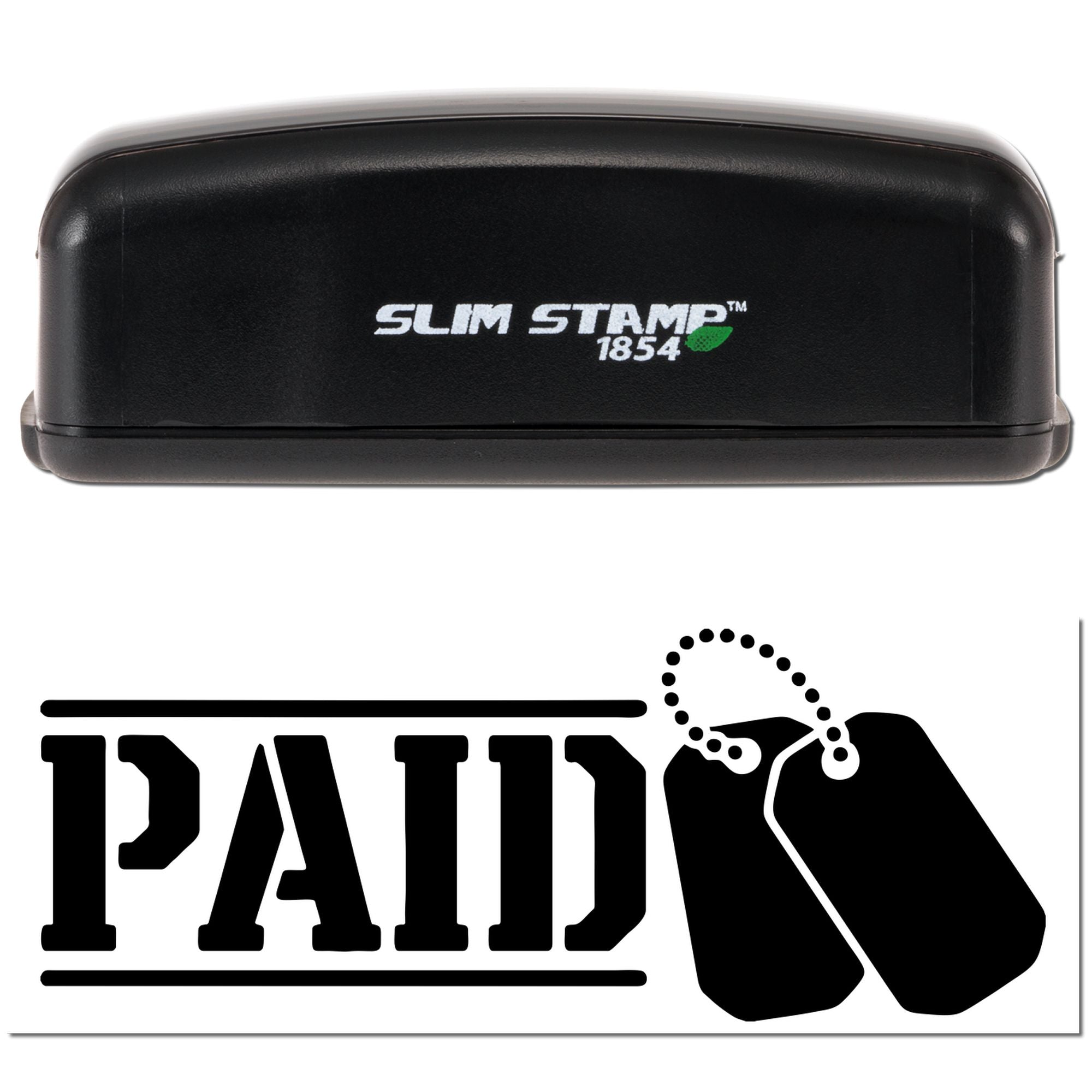 Black Slim Stamp 1854 self-inking stamp with white logo and bold black PAID seal graphic on a white background.