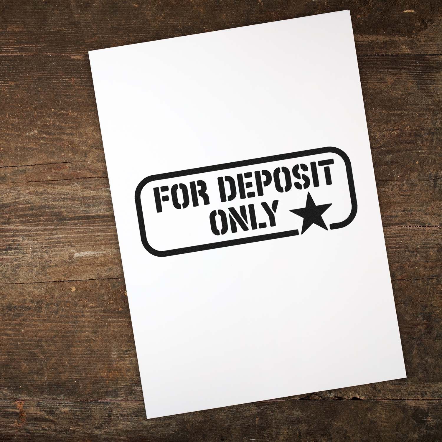 Black FOR DEPOSIT ONLY bank stamp seal on white paper, with star emblem on rustic wood background