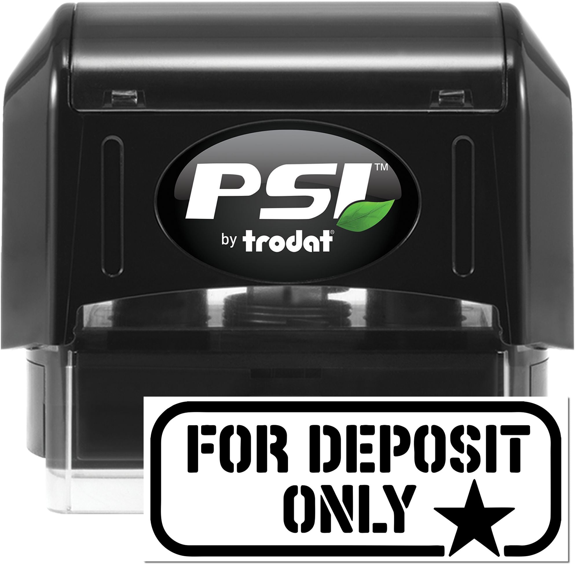 Black PSI by Trodat self-inking stamp and For Deposit Only endorsement seal, black with white text and star icon