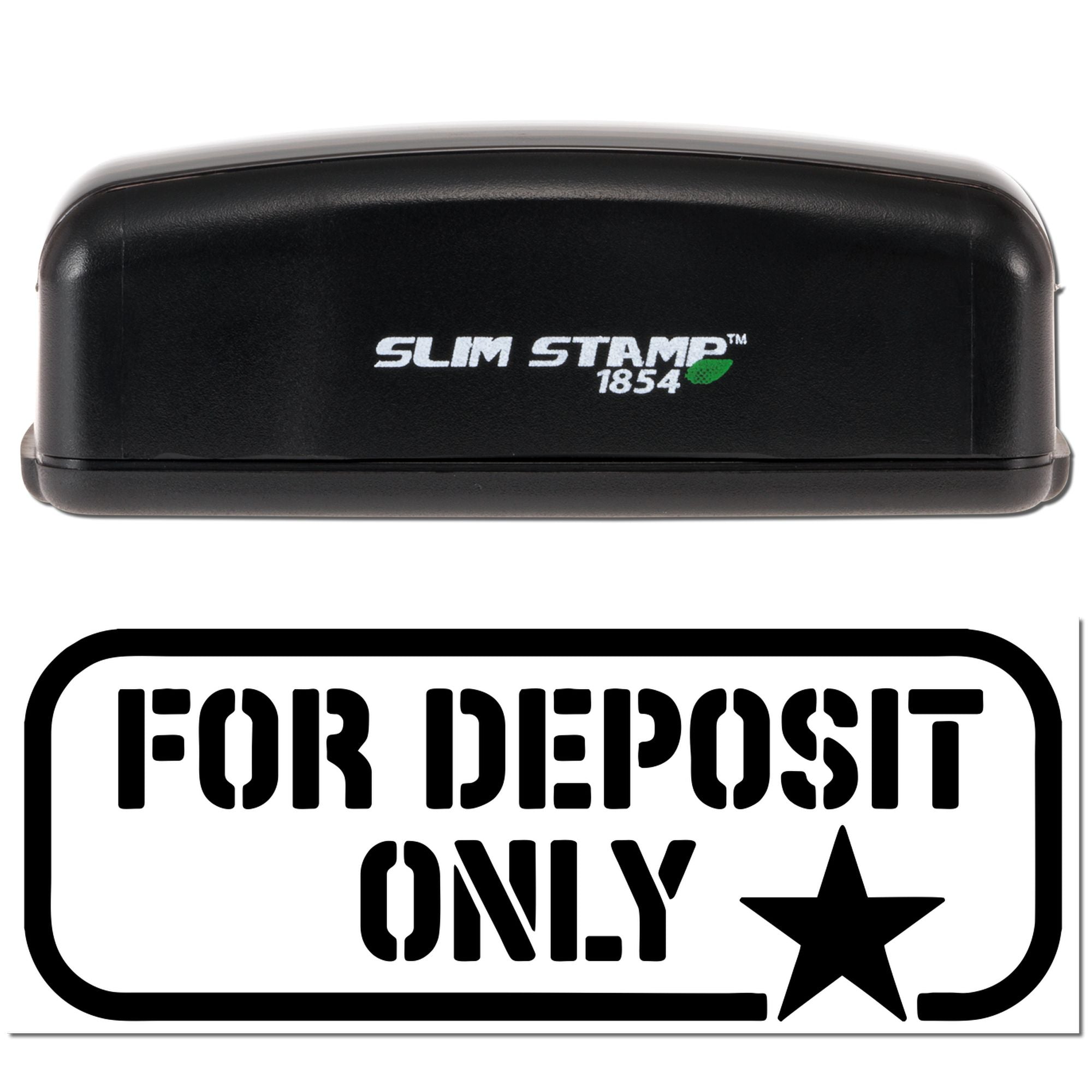 Black Slim Stamp 1854 self-inking stamp with FOR DEPOSIT ONLY bank endorsement seal and star icon.