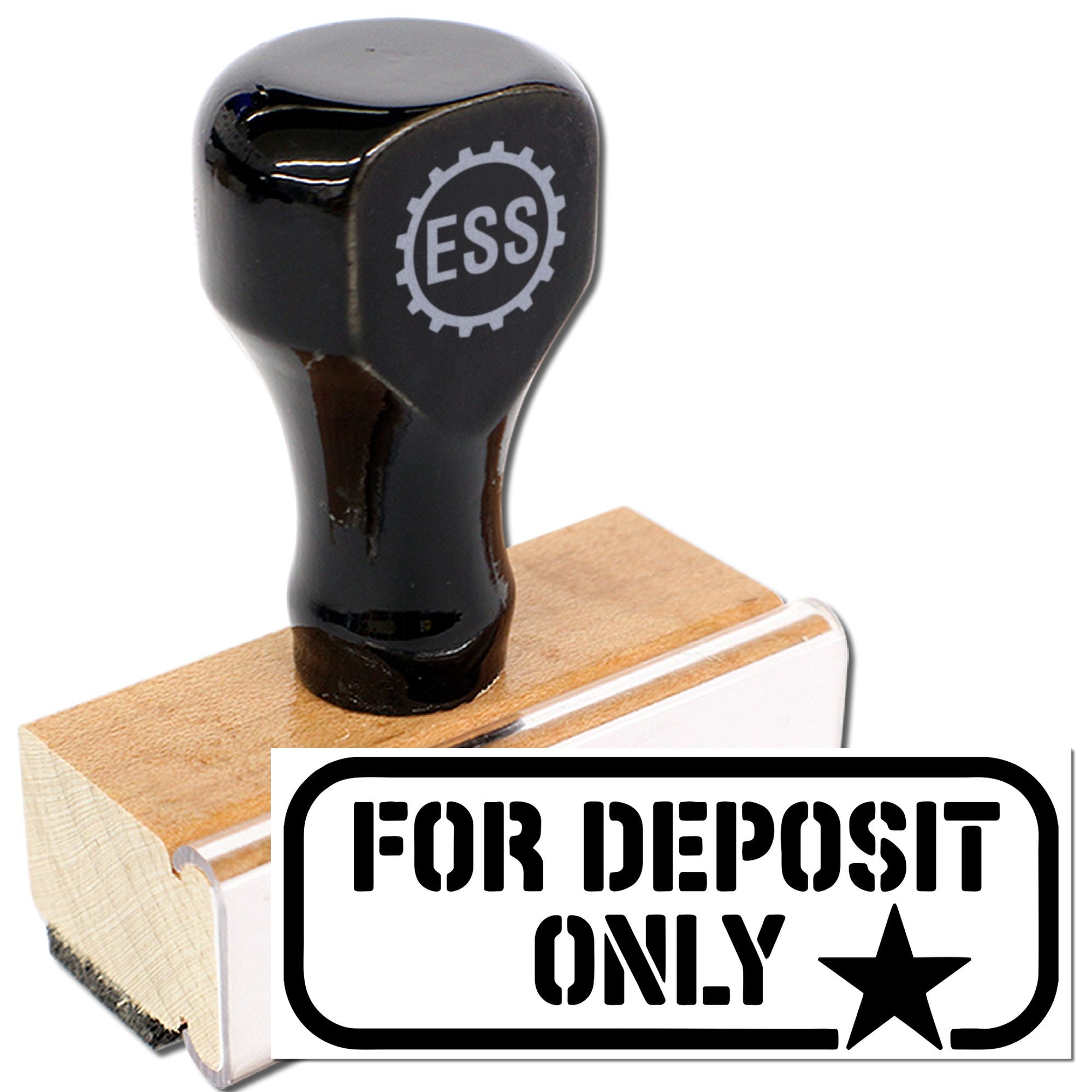 Black rubber bank stamp with ESS logo on wooden handle, showing bold FOR DEPOSIT ONLY seal.