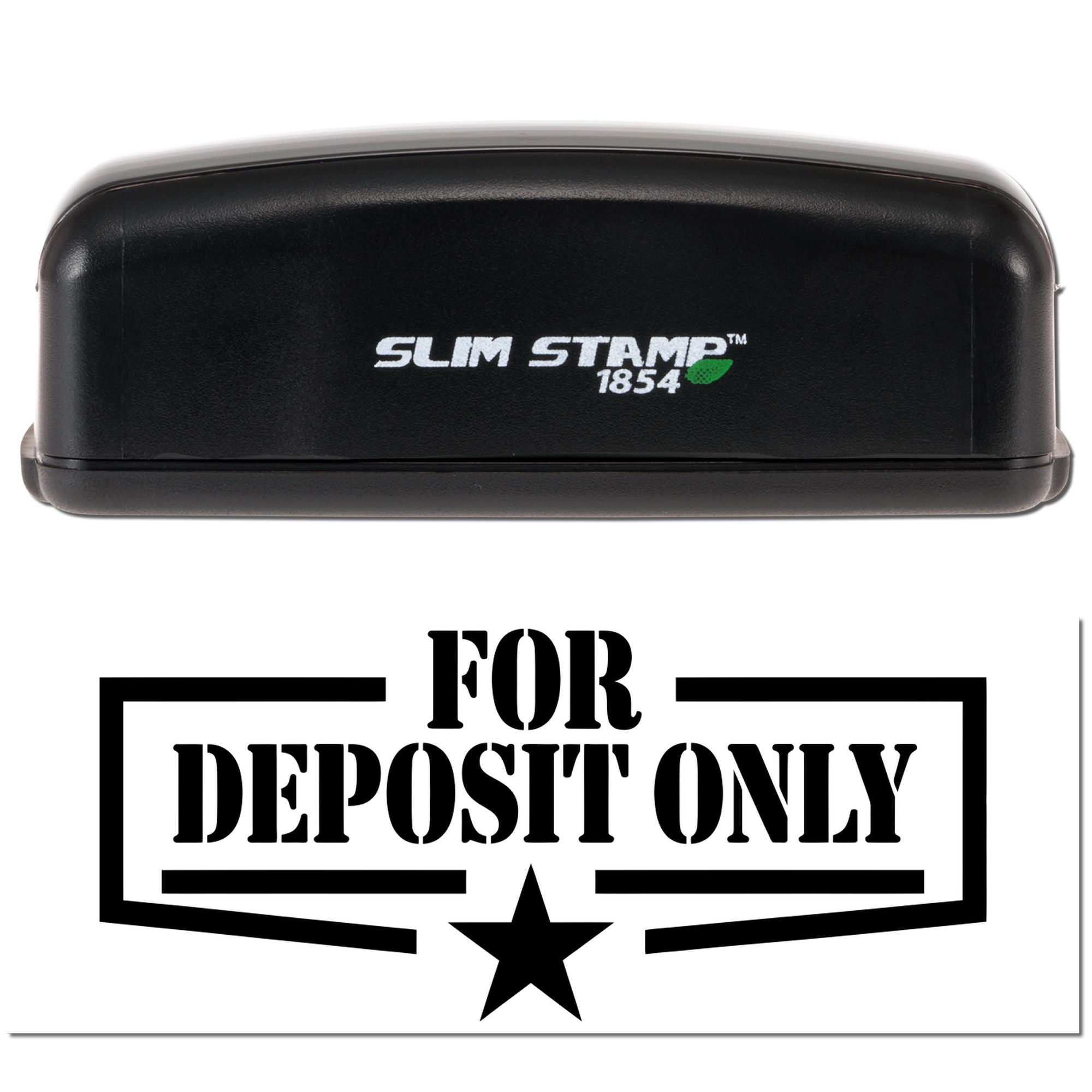 Black Slim Stamp 1854 self-inking stamp with white FOR DEPOSIT ONLY bank endorsement seal and star.