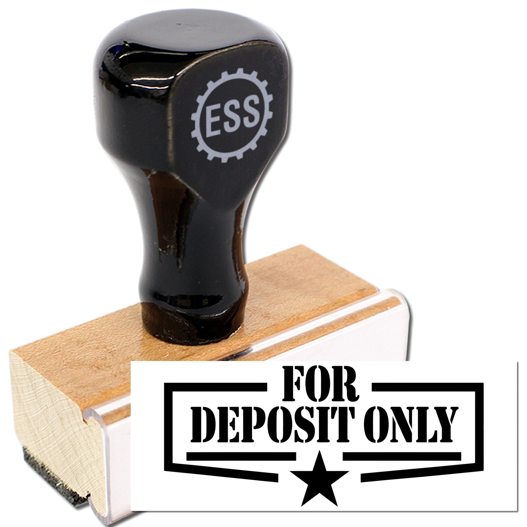 Black rubber bank stamp with wooden seal block and bold FOR DEPOSIT ONLY imprint