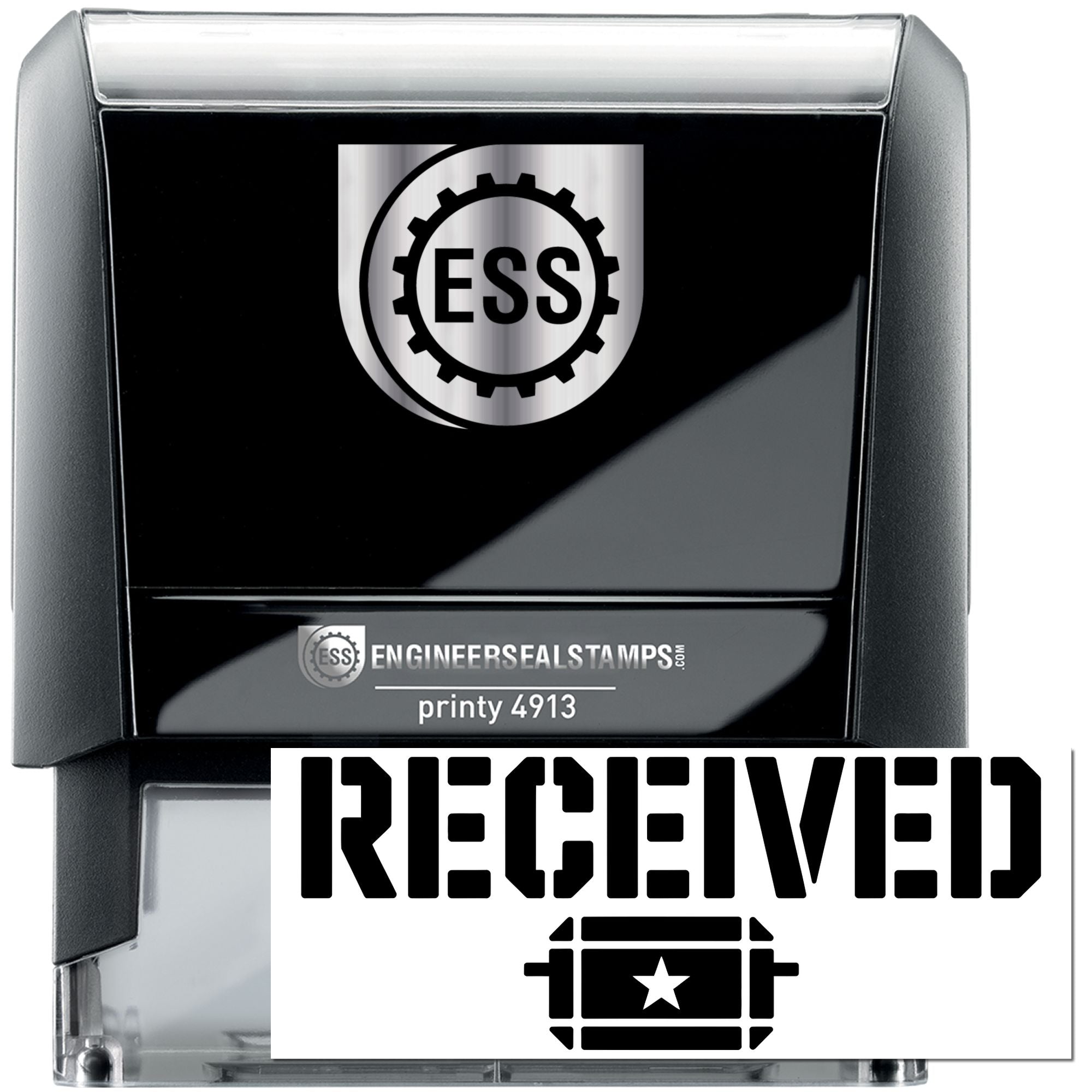 Black and silver self-inking engineer seal stamp with ESS logo and bold RECEIVED imprint