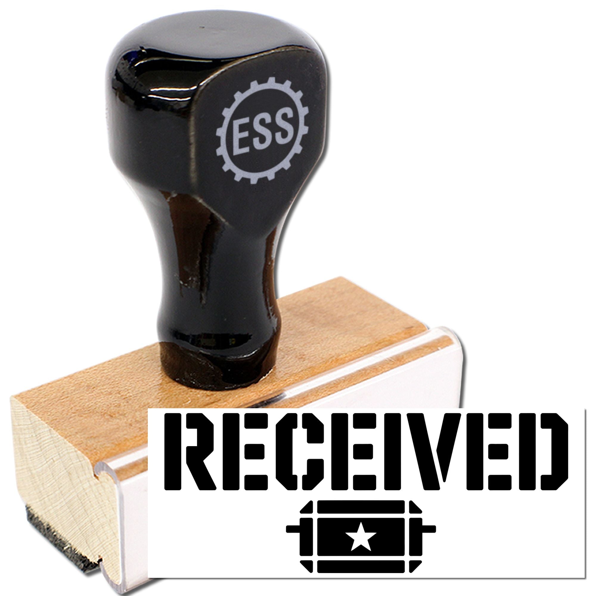 Black rubber stamp and seal with RECEIVED text, wooden base, and white star emblem