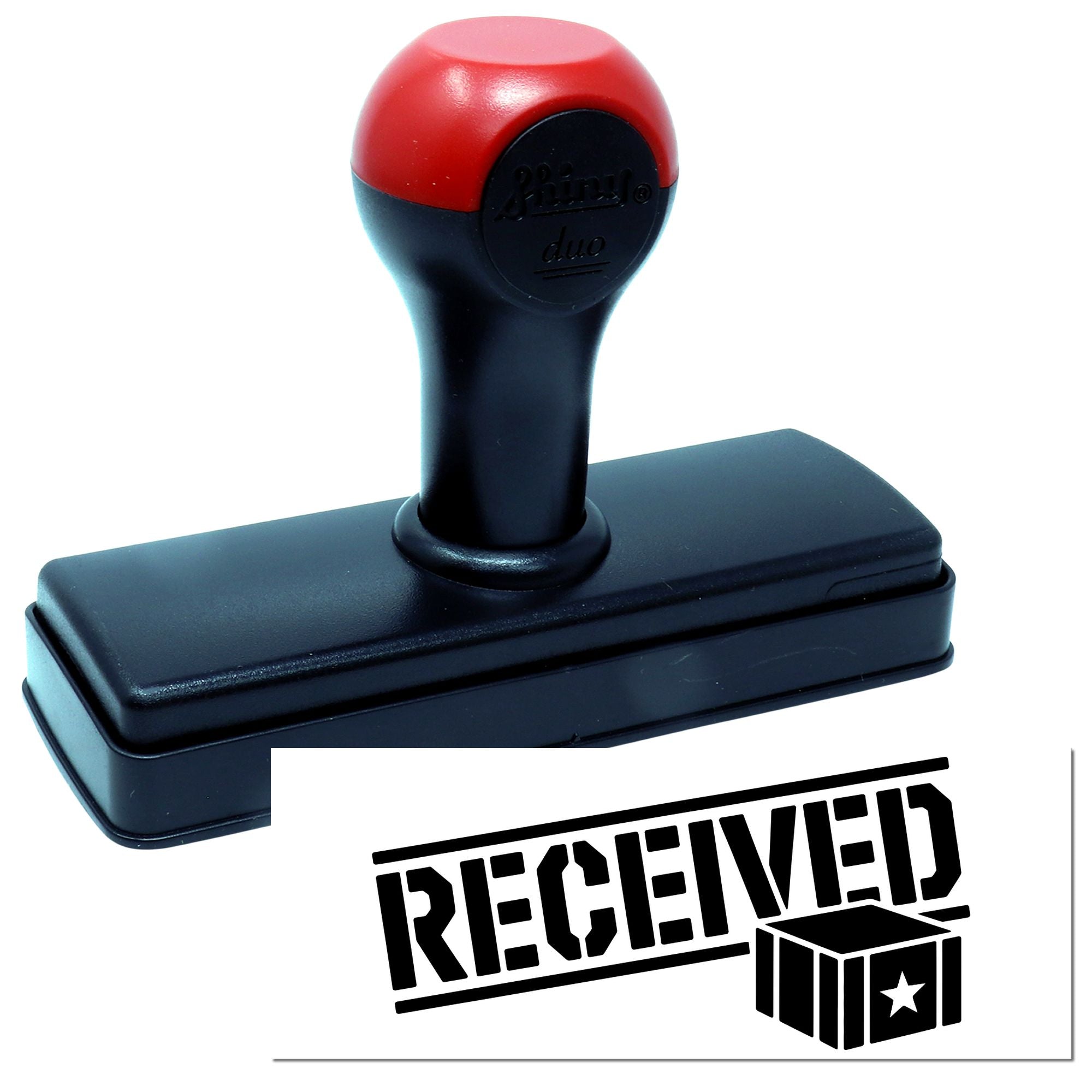 Red and black self-inking stamp with RECEIVED seal graphic on white background