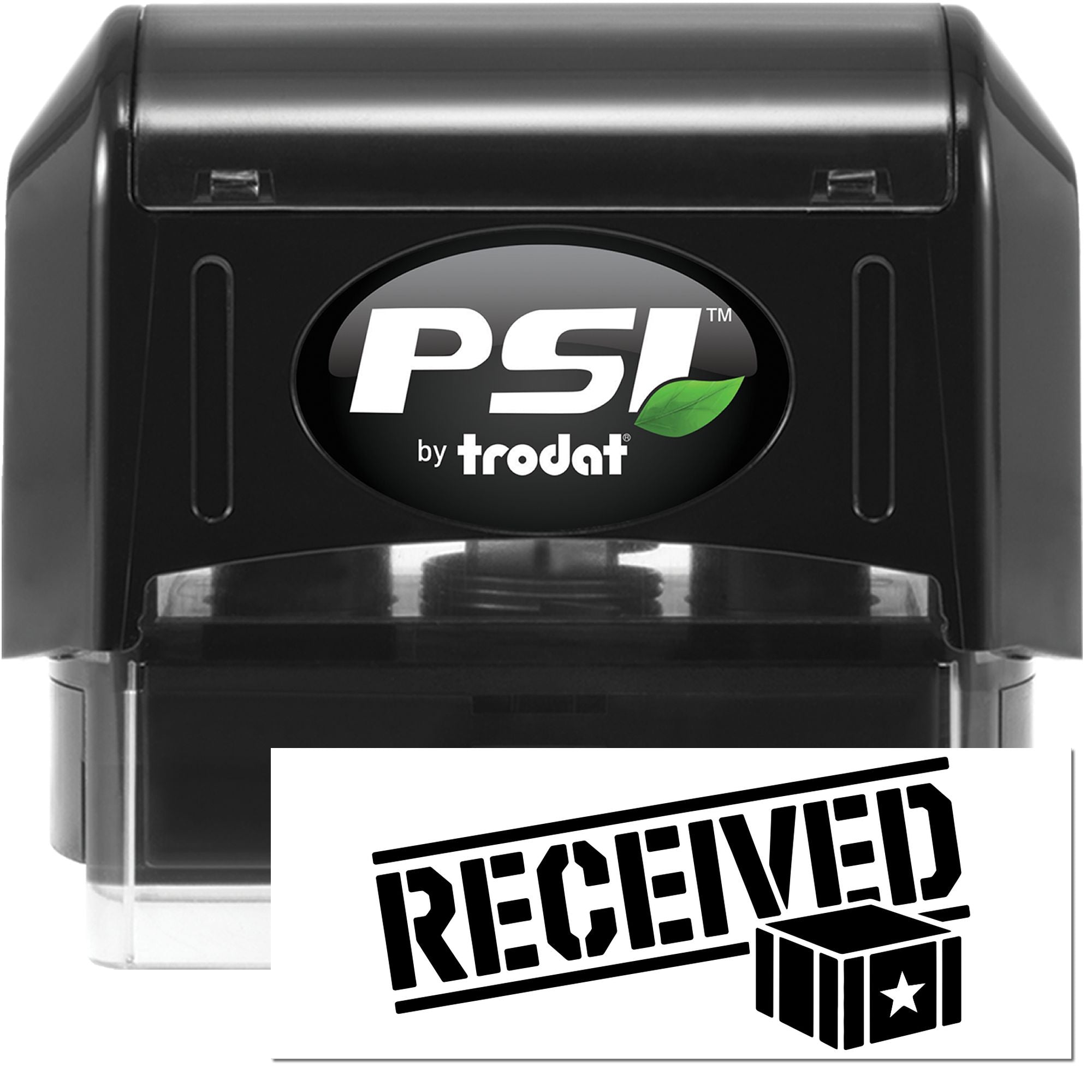 Black PSI by Trodat self-inking stamp with green leaf logo and RECEIVED seal graphic.