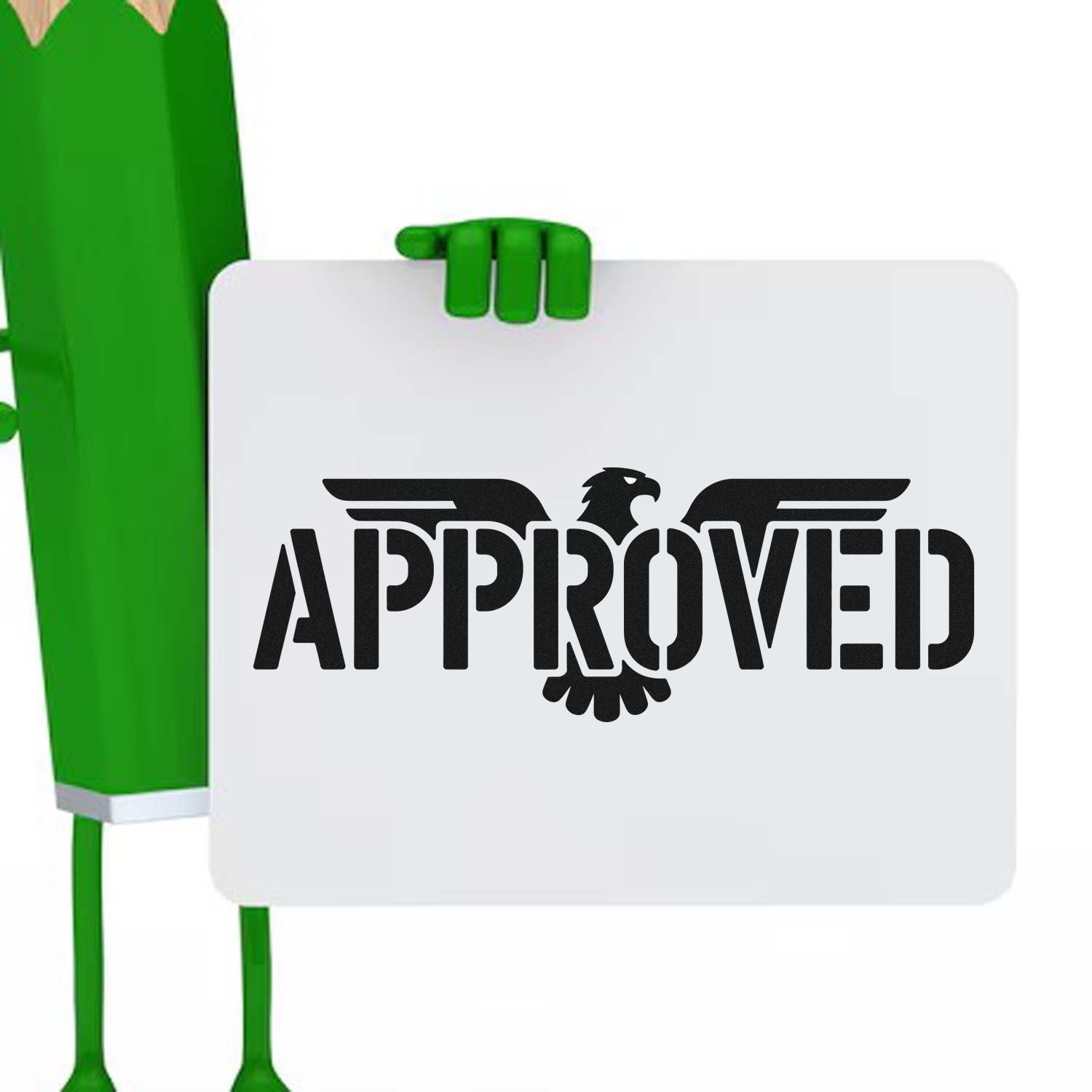 Green stamp-and-seal product holding a white sign with black Approved seal logo