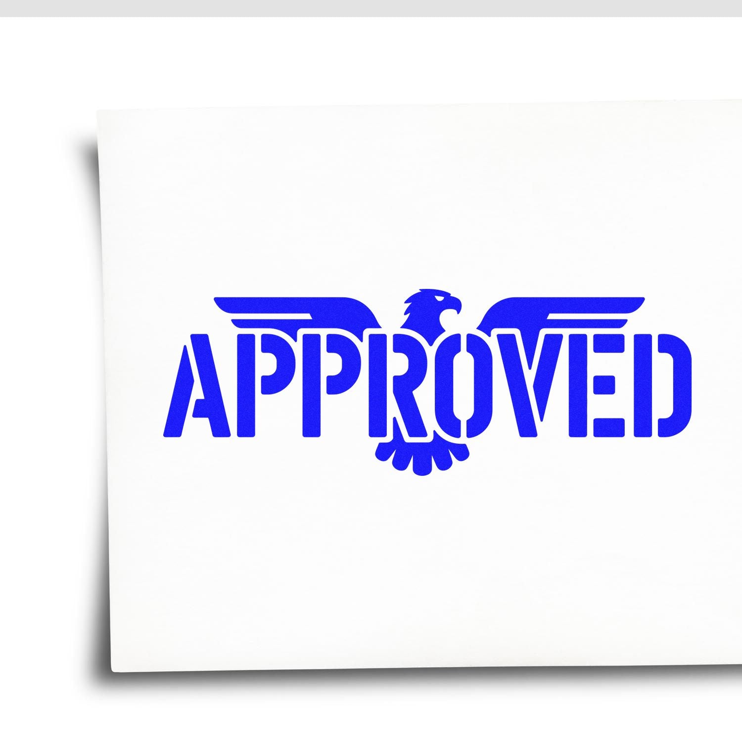 Blue APPROVED stamp and eagle seal design on white paper, bold blue lettering