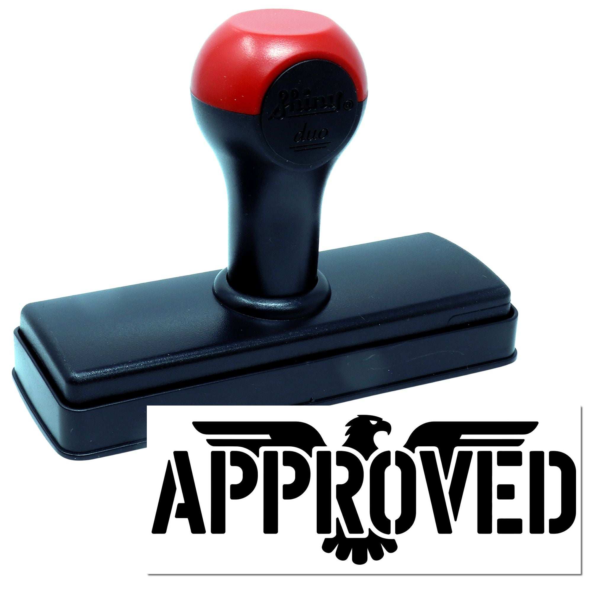 Red-and-black self-inking approval stamp with rectangular base and bold APPROVED seal design.