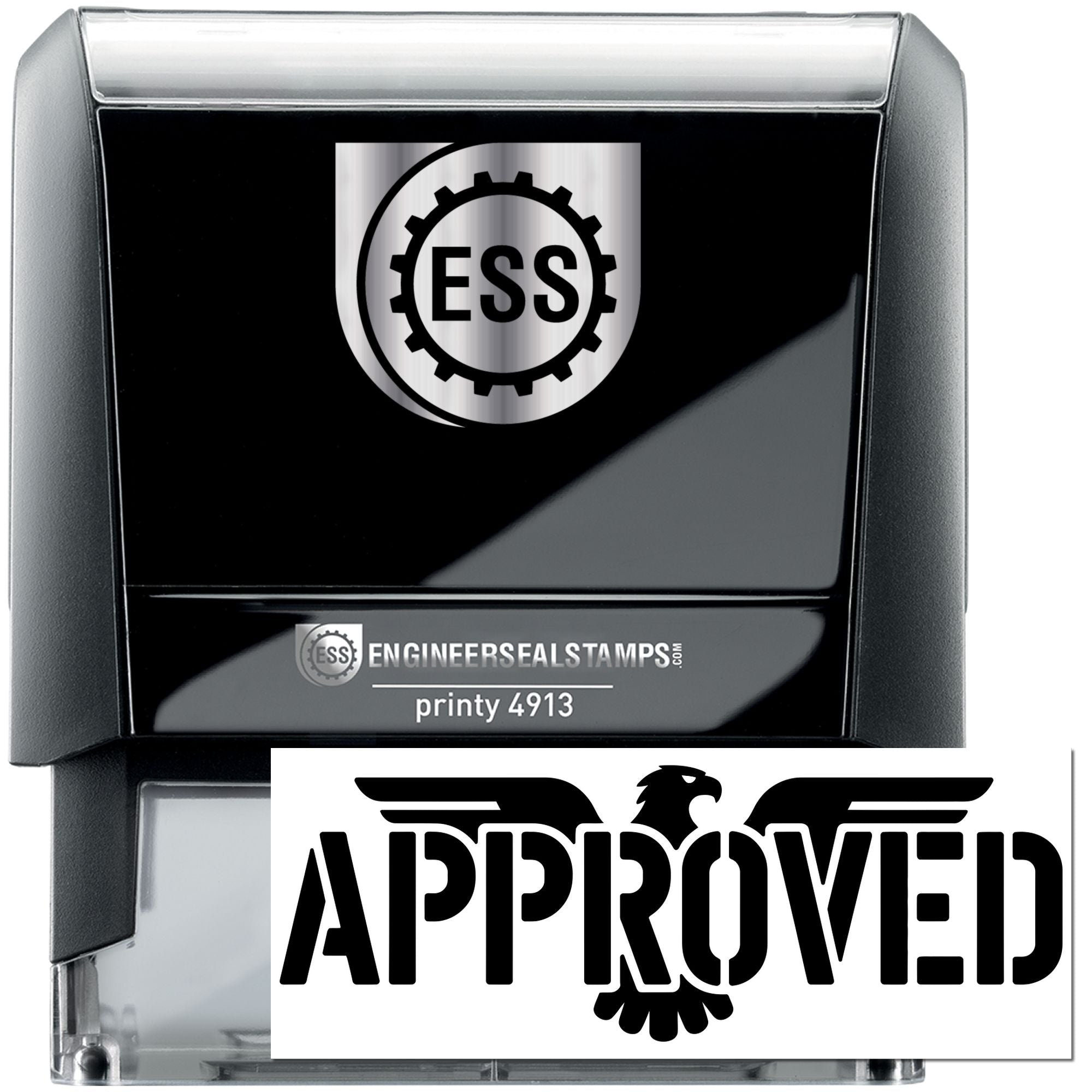 Black and silver self-inking stamp and seal with ESS logo and bold APPROVED imprint on white insert.
