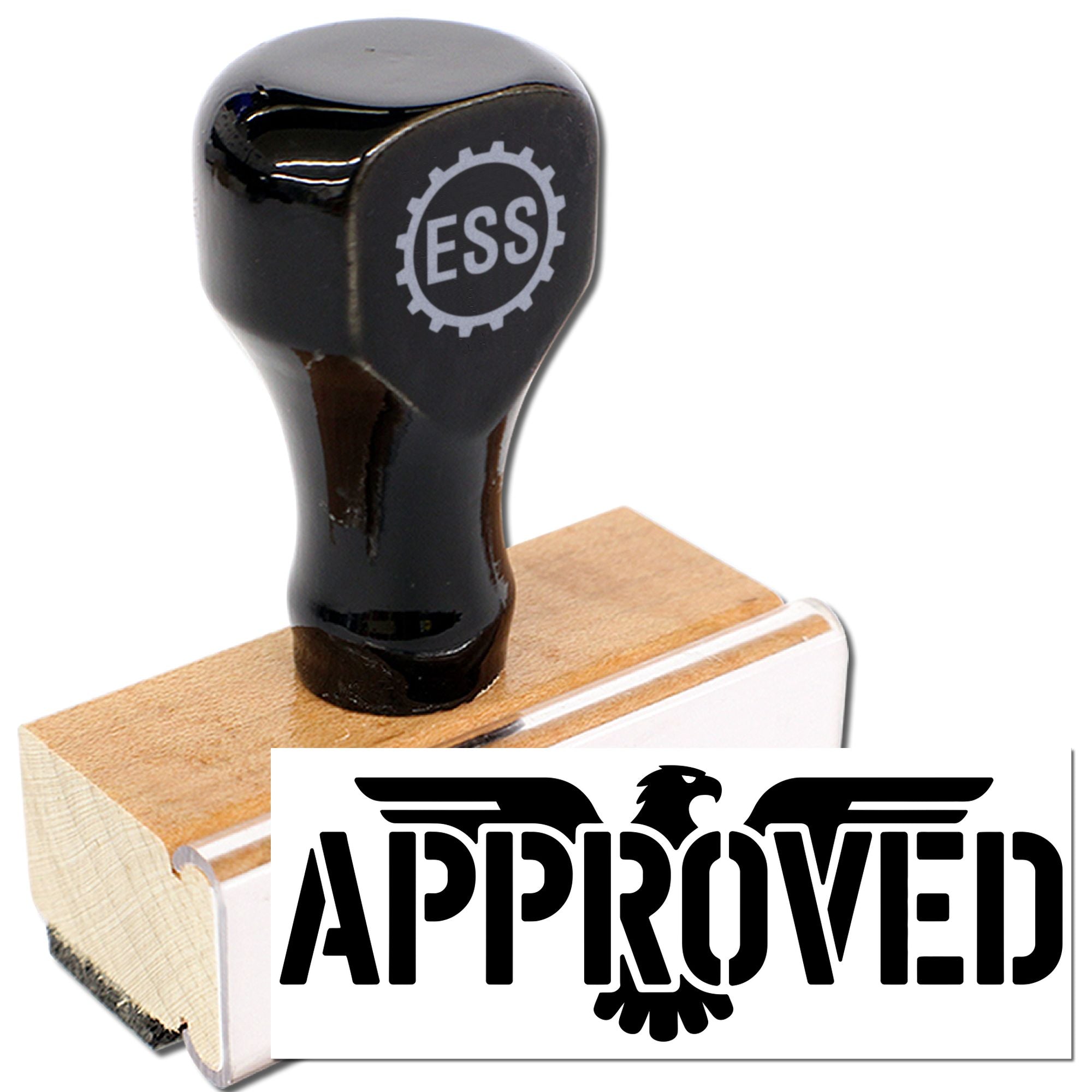 Black ESS rubber stamp with wooden base and white APPROVED imprint, seal product on white background.