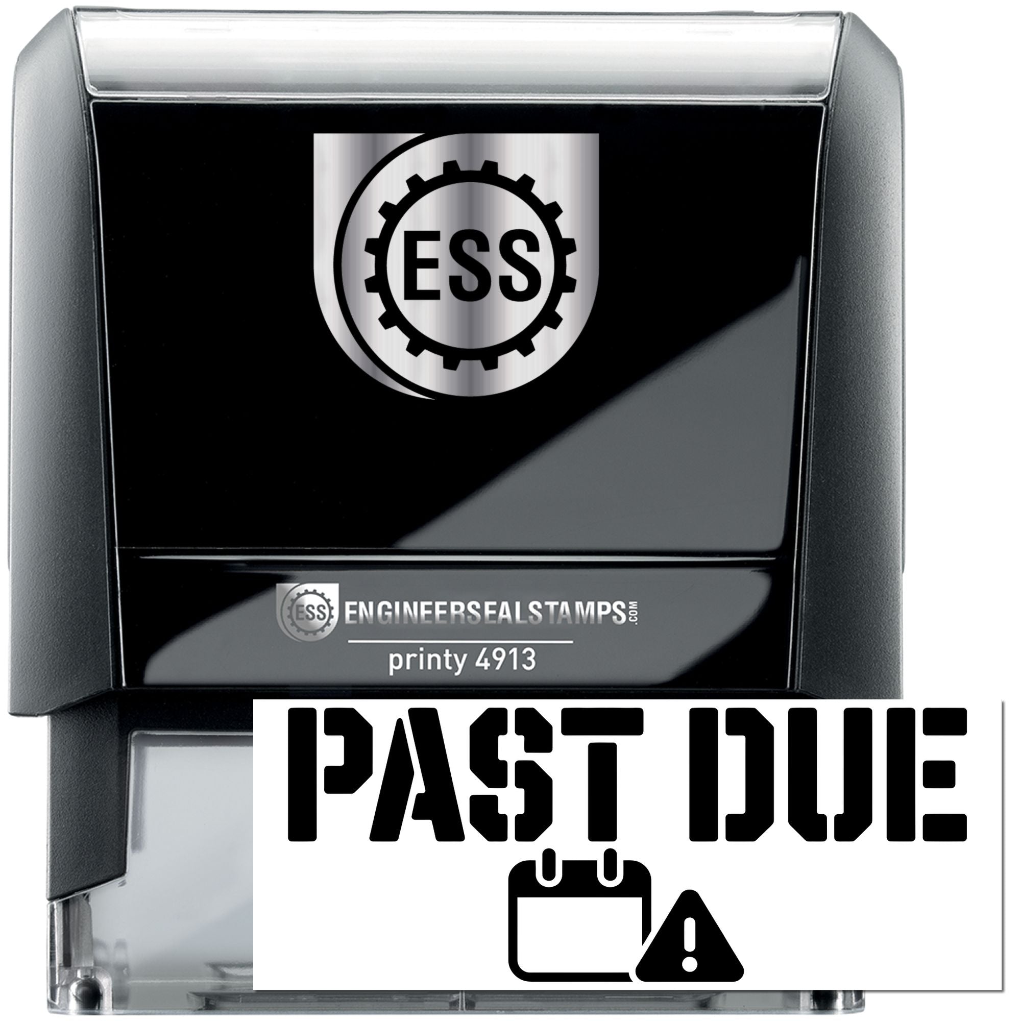 Black and silver self-inking engineer seal stamp with ESS gear logo and Past Due warning label