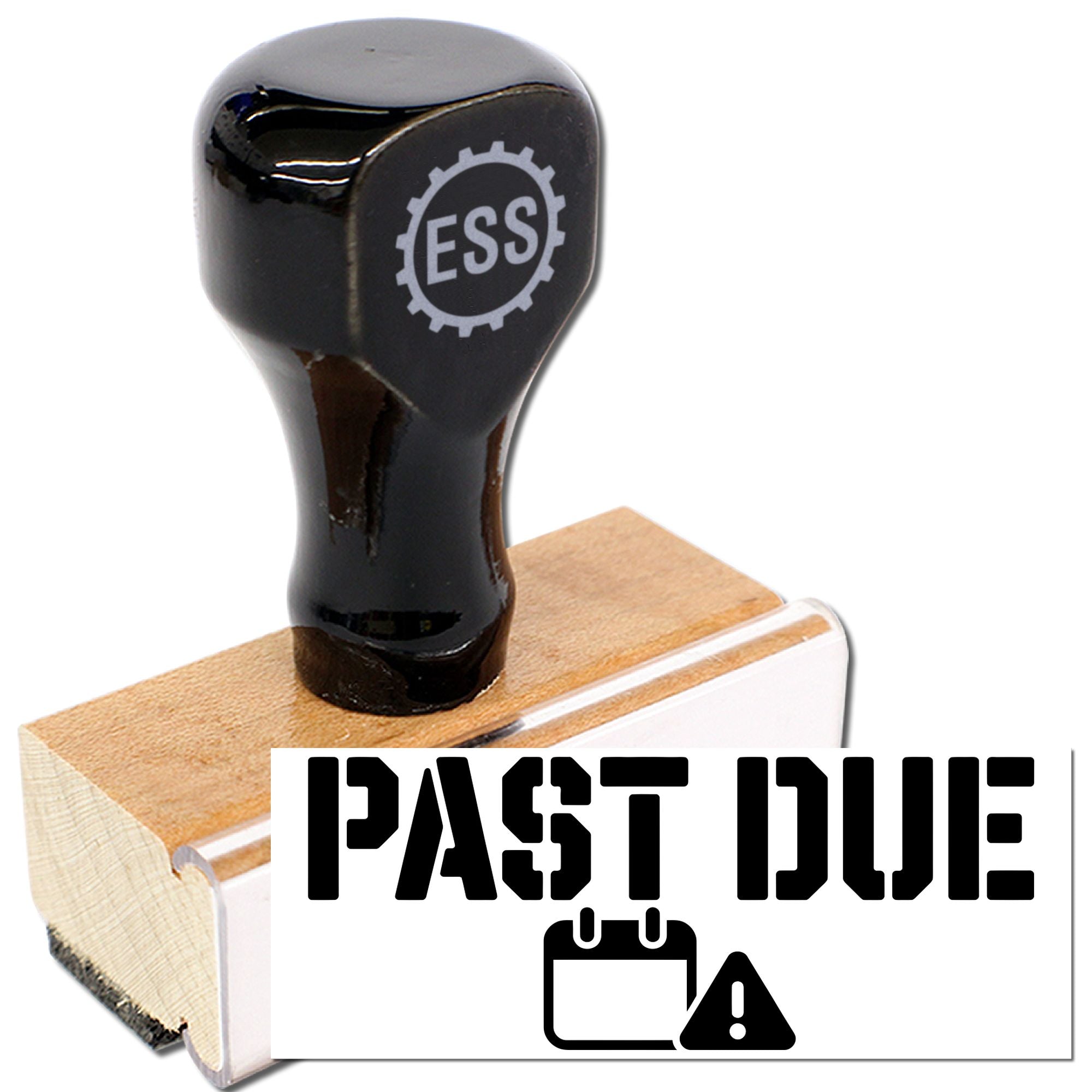 Black ESS self-inking stamp seal on wood block, marking PAST DUE in bold black text with calendar warning icon.