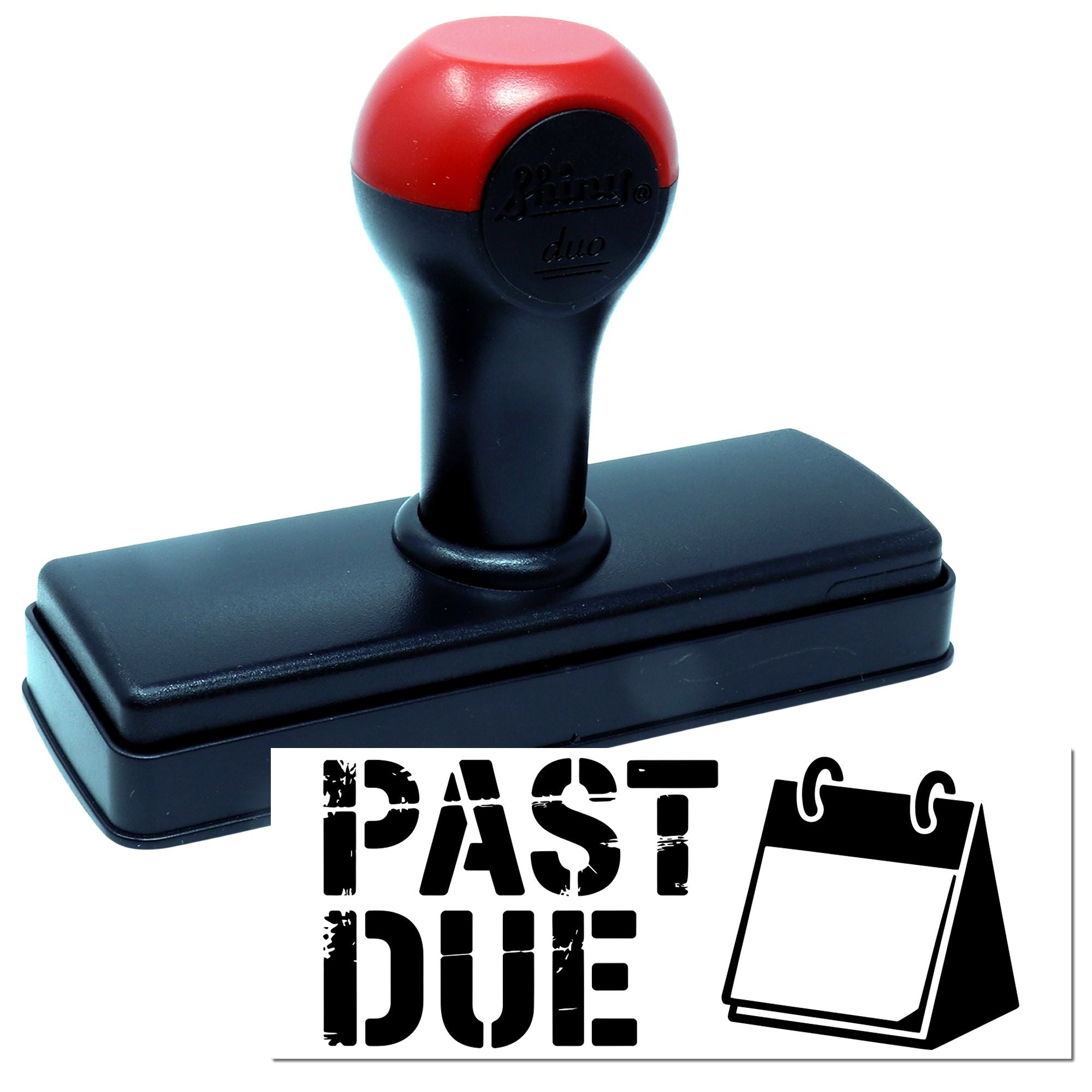 Red and black self-inking stamp and seal with rectangular base, marked PAST DUE