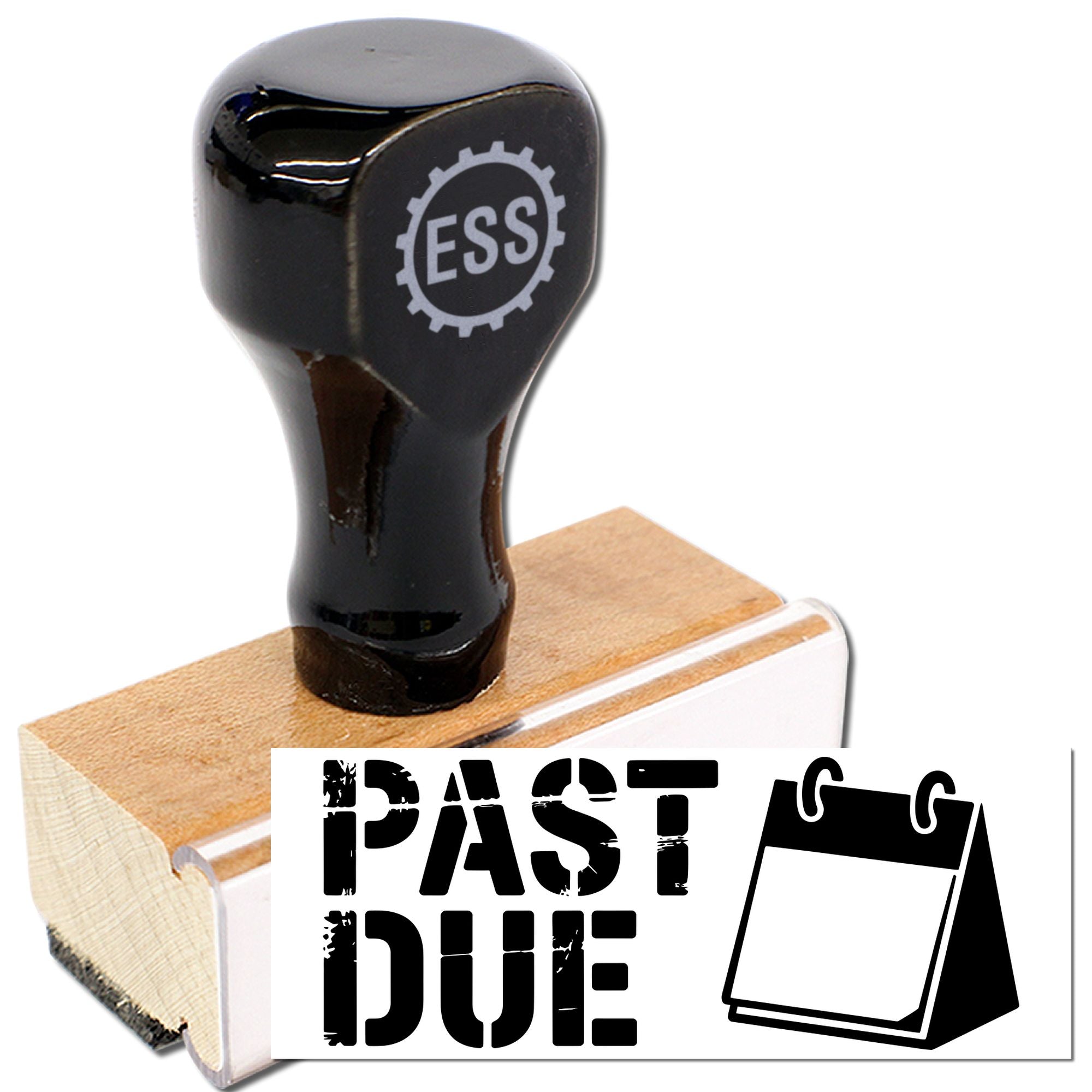 Black ESS self-inking rubber stamp and PAST DUE seal with calendar icon on wooden handle, on white background.