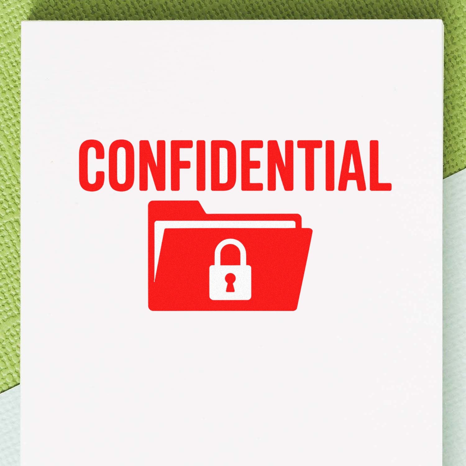 Red confidential stamp and seal with locked folder icon on white paper over a green background