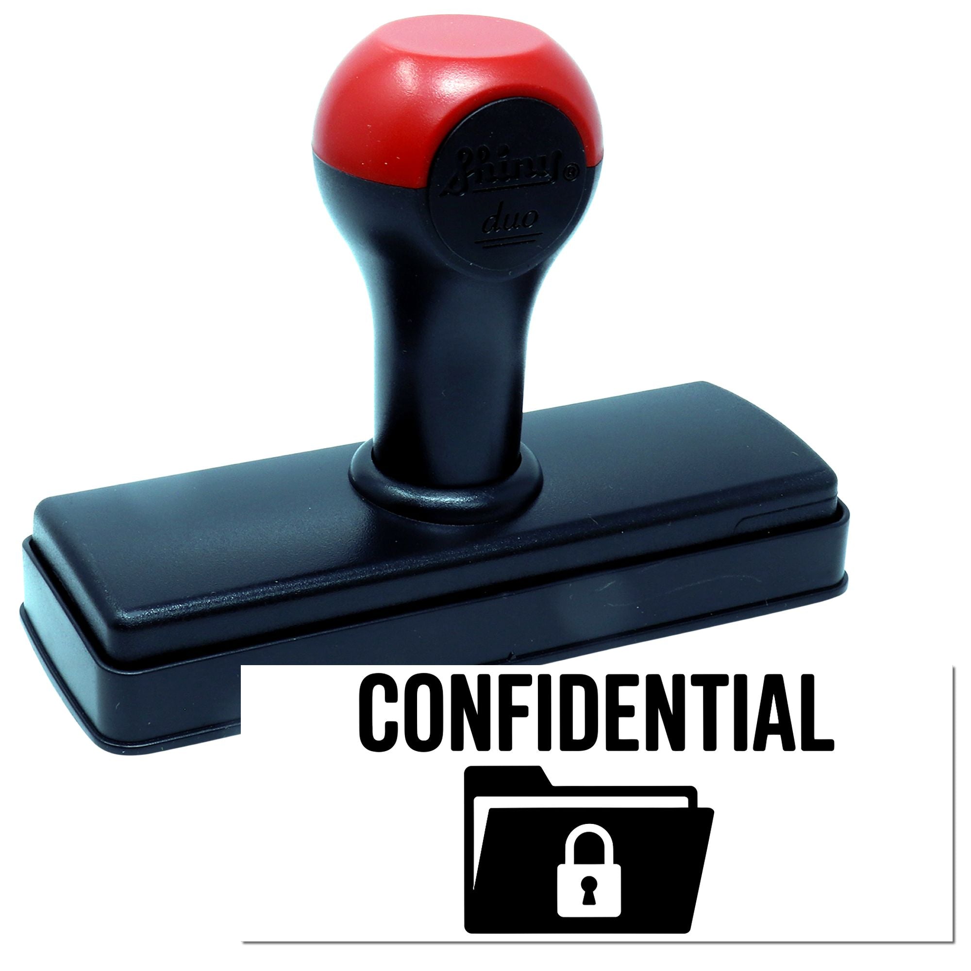 Red and black confidential self-inking stamp and seal with lock icon on rectangular base
