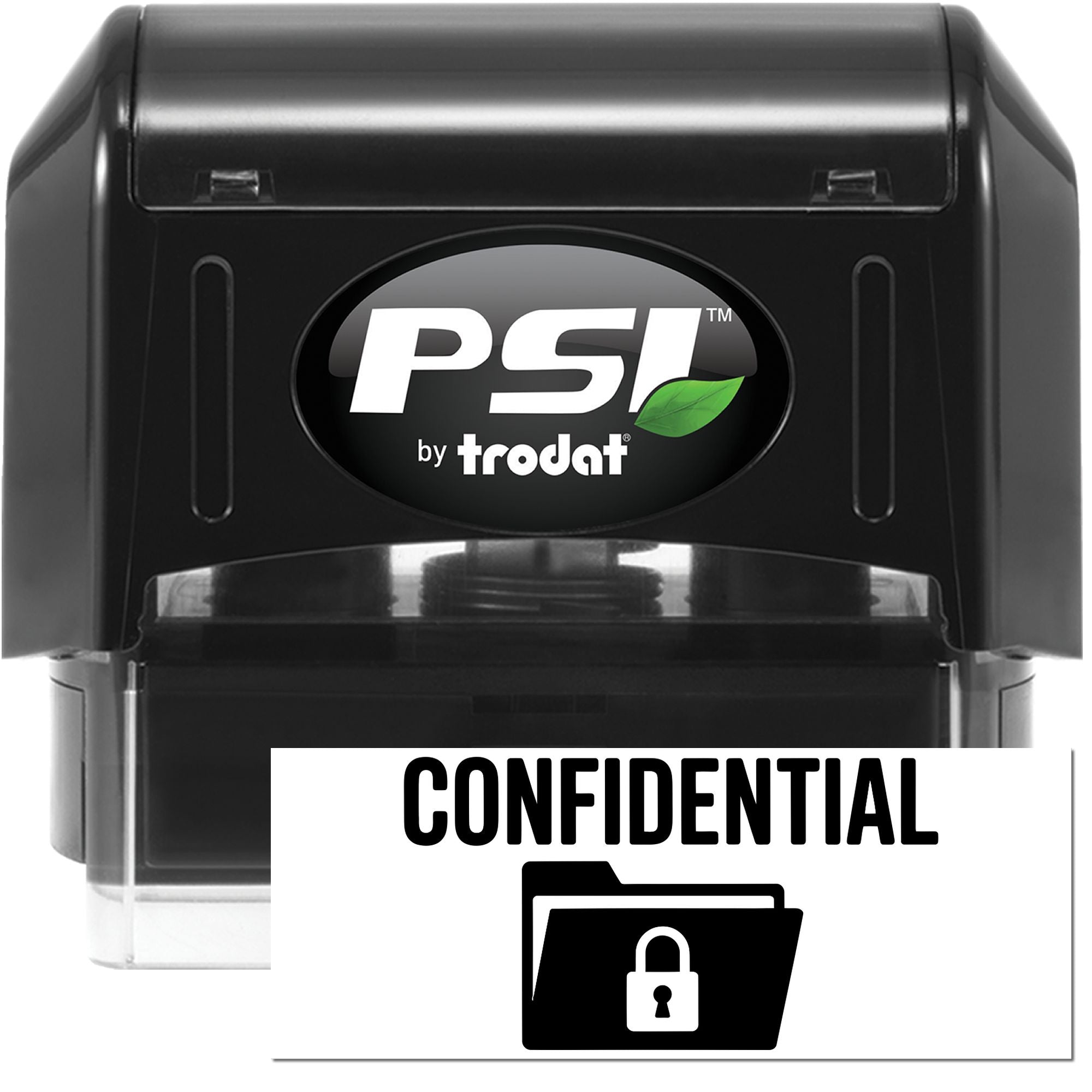 Black PSI by Trodat confidential stamp and seal with white label, lock icon, and green leaf logo