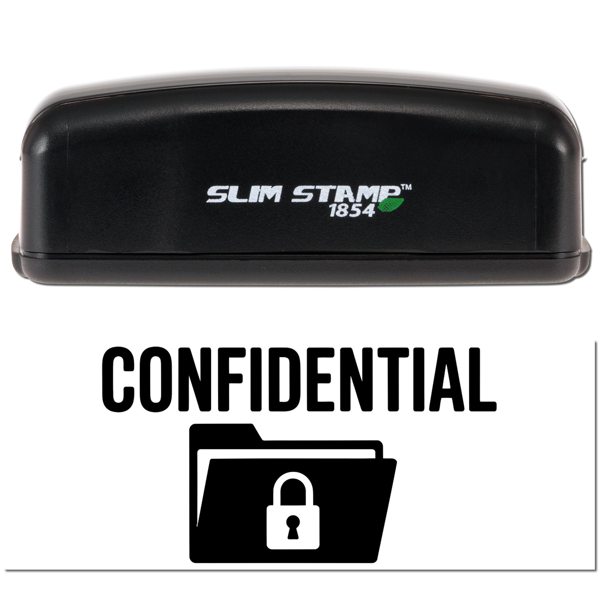 Black Slim Stamp 1854 confidential stamp and seal, black case with white text and folder lock icon on white background.