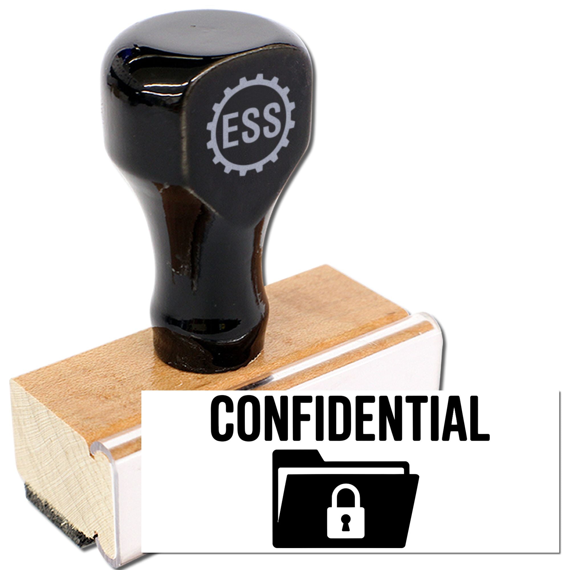 Black self-inking stamp and seal with ESS logo, marking CONFIDENTIAL and a lock folder icon on white card.