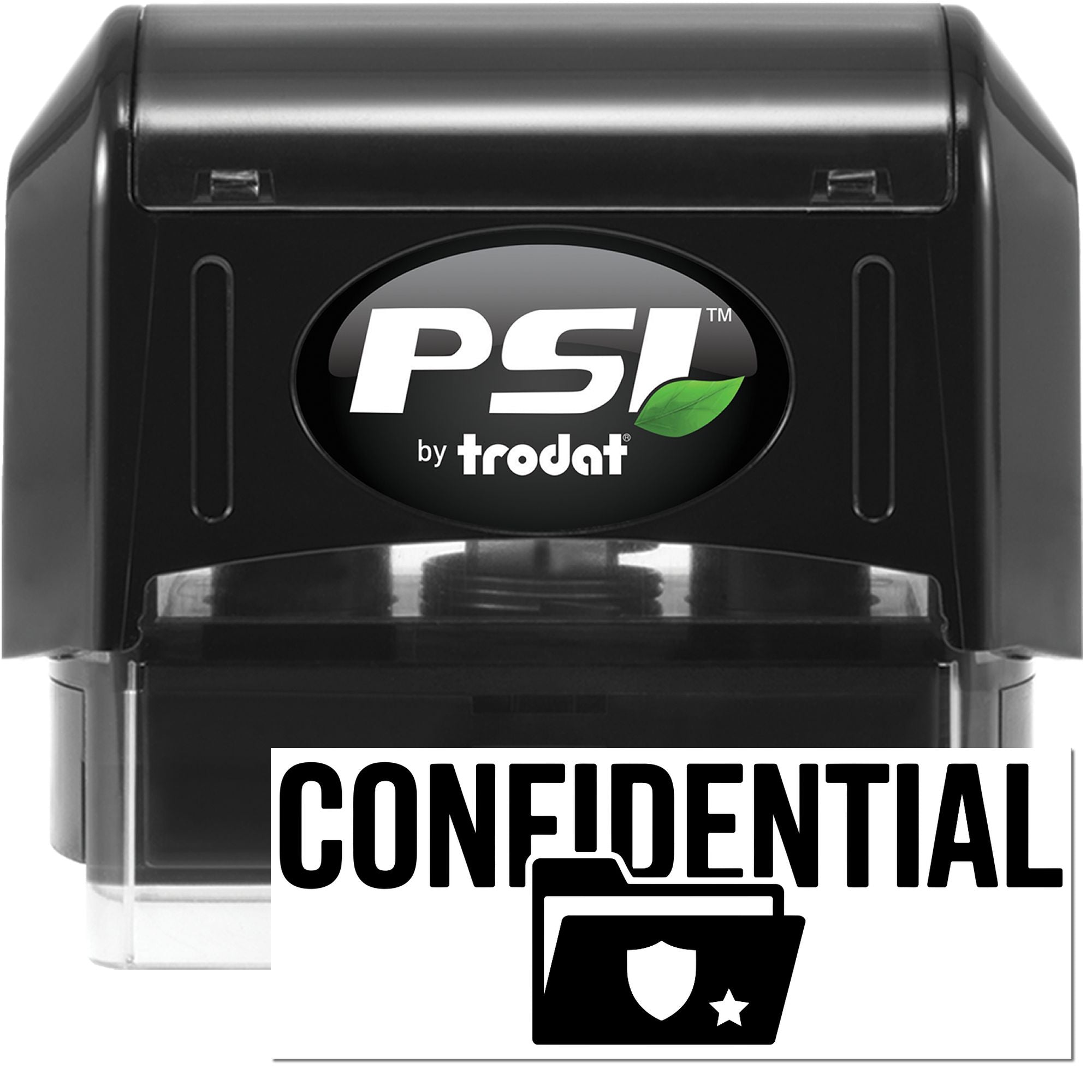 Black PSI by Trodat confidential self-inking stamp and seal with green leaf logo