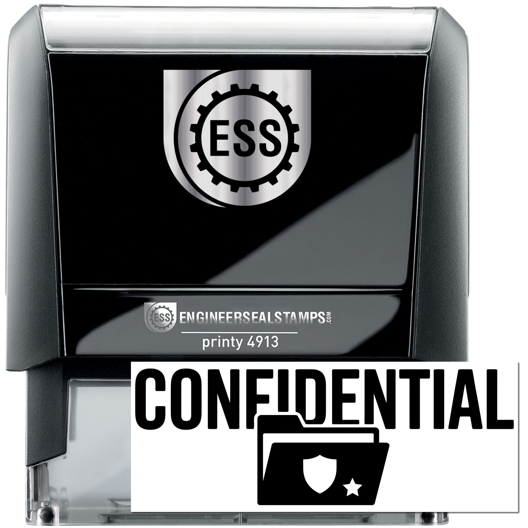 Black and silver self-inking confidentiality stamp and seal with ESS logo and padlock icon