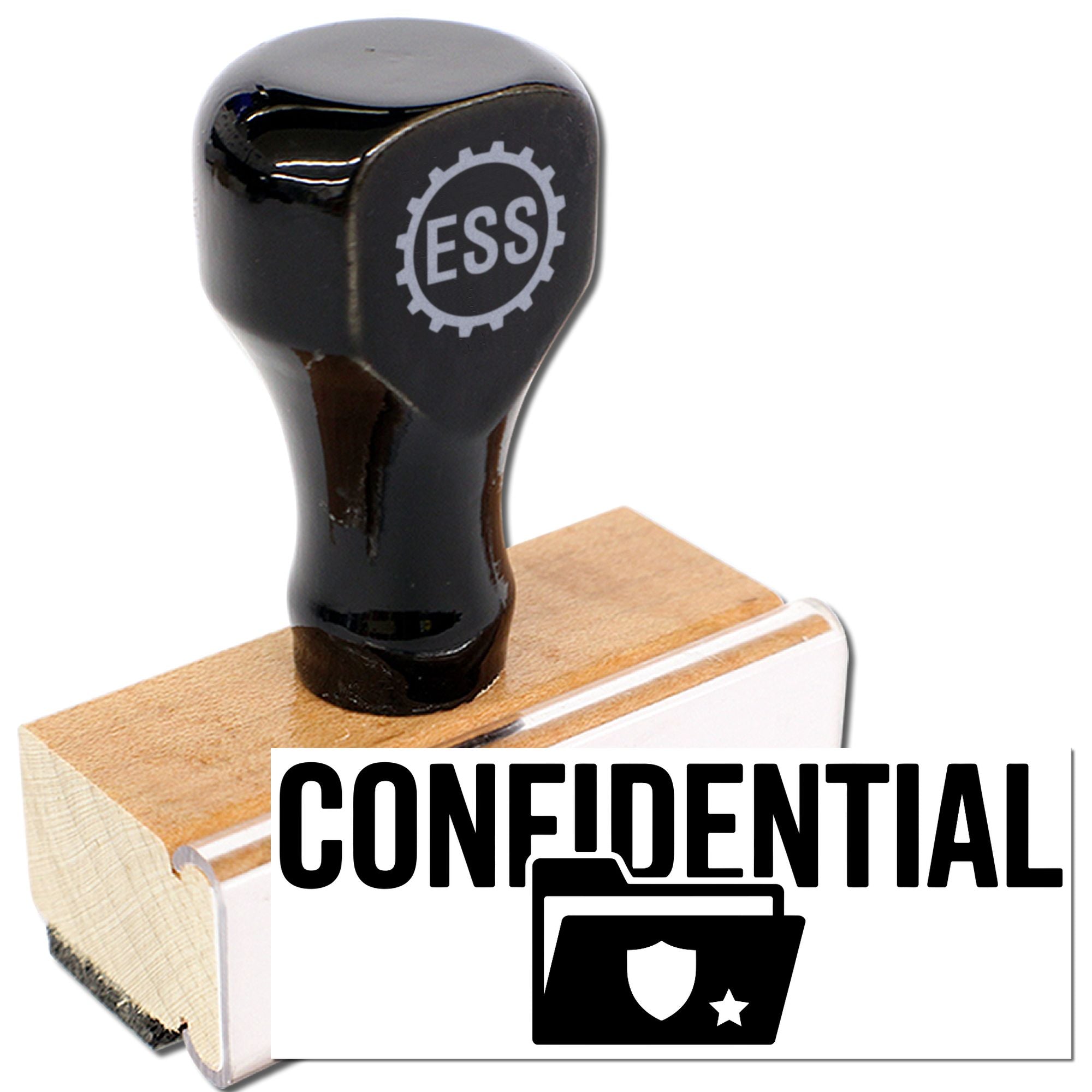Black ESS confidentiality stamp and seal on wooden mount with white CONFIDENTIAL text and folder shield icon.