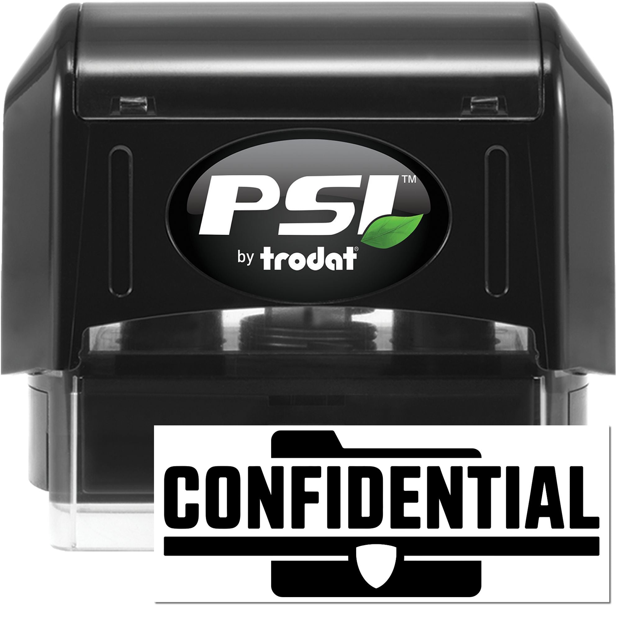 Black PSI by Trodat self-inking stamp and confidential seal, black casing with green leaf logo and white label.