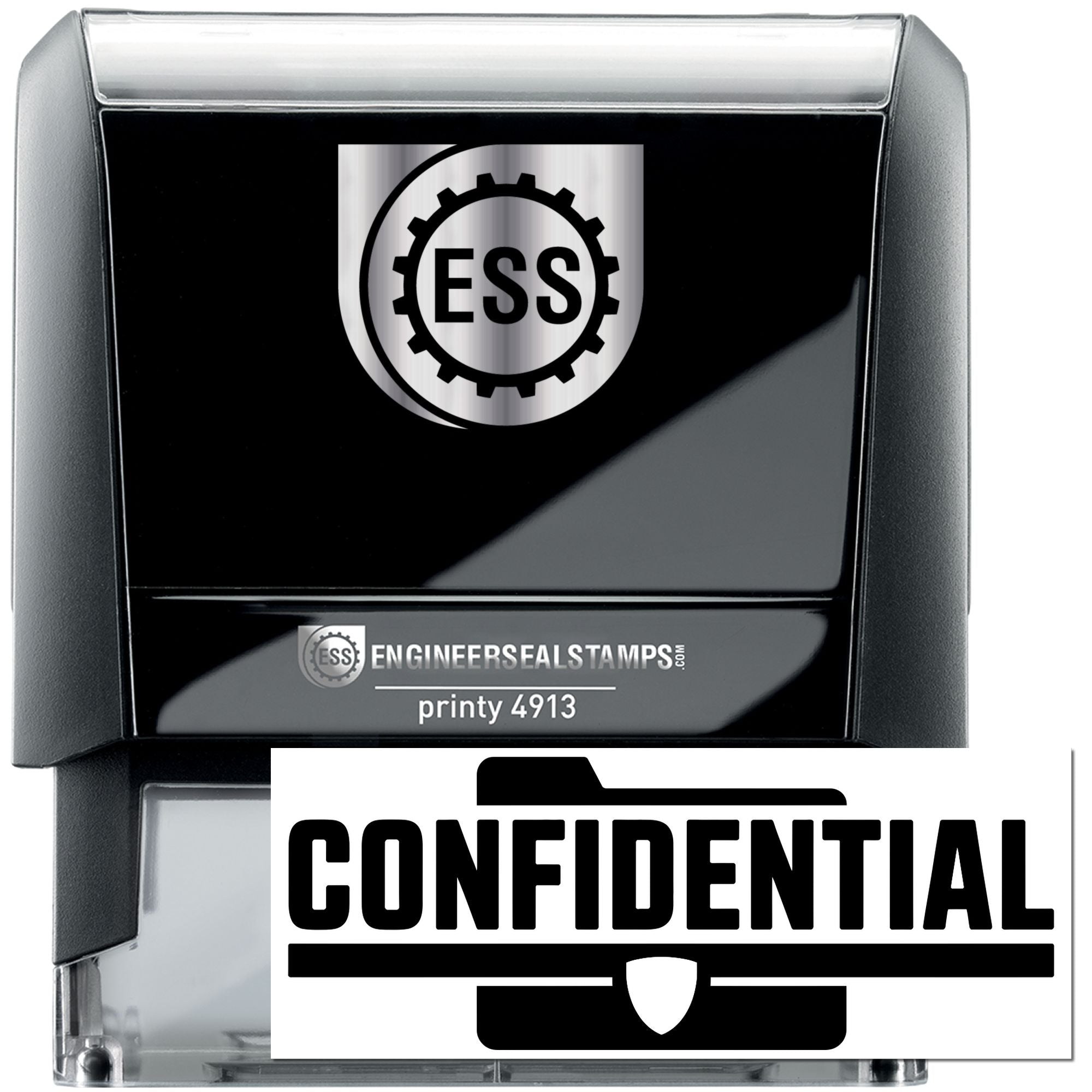 Black self-inking ESS engineer seal stamp with silver top and confidential confidential seal imprint card