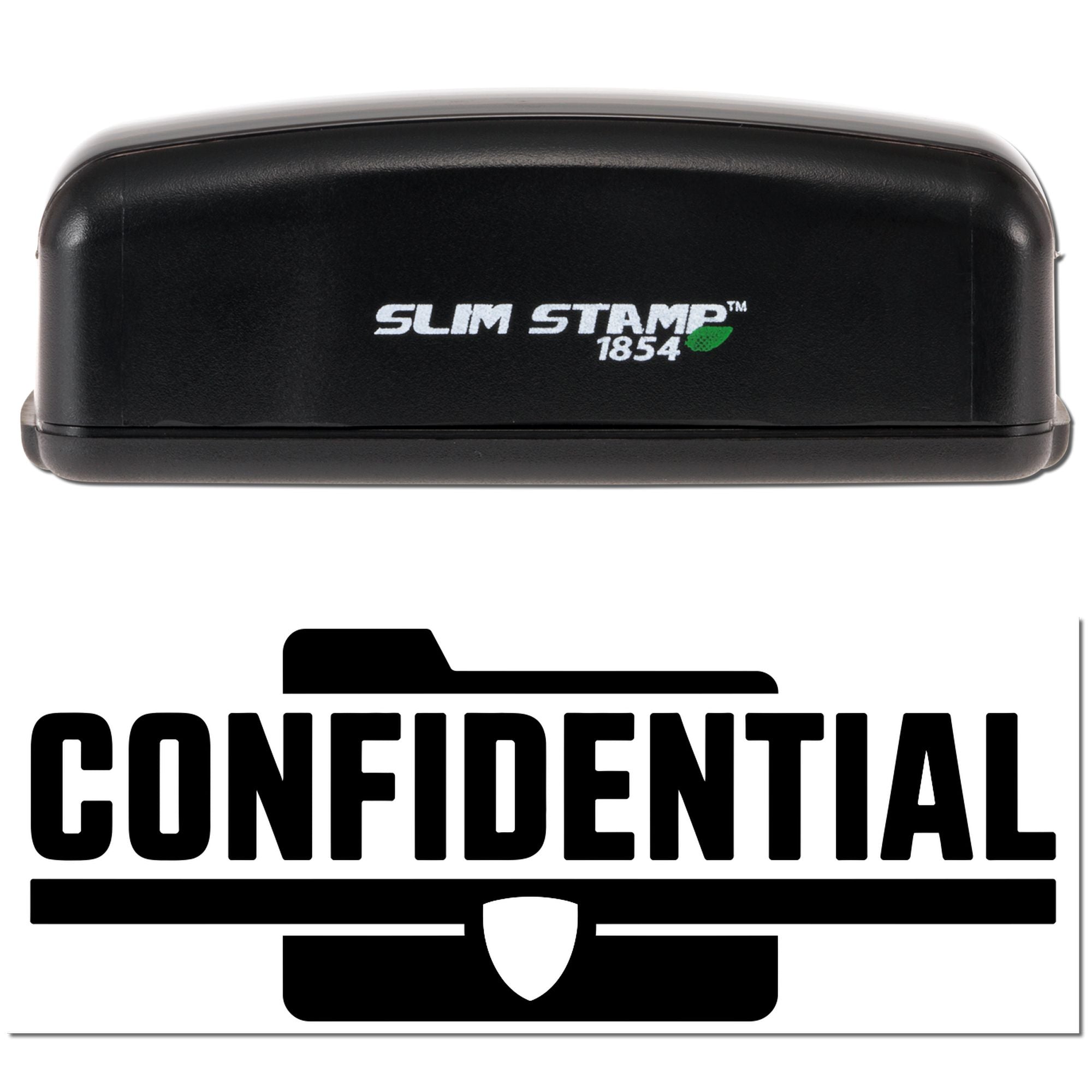 Black Slim Stamp 1854 self-inking stamp with bold CONFIDENTIAL seal graphic and green accent