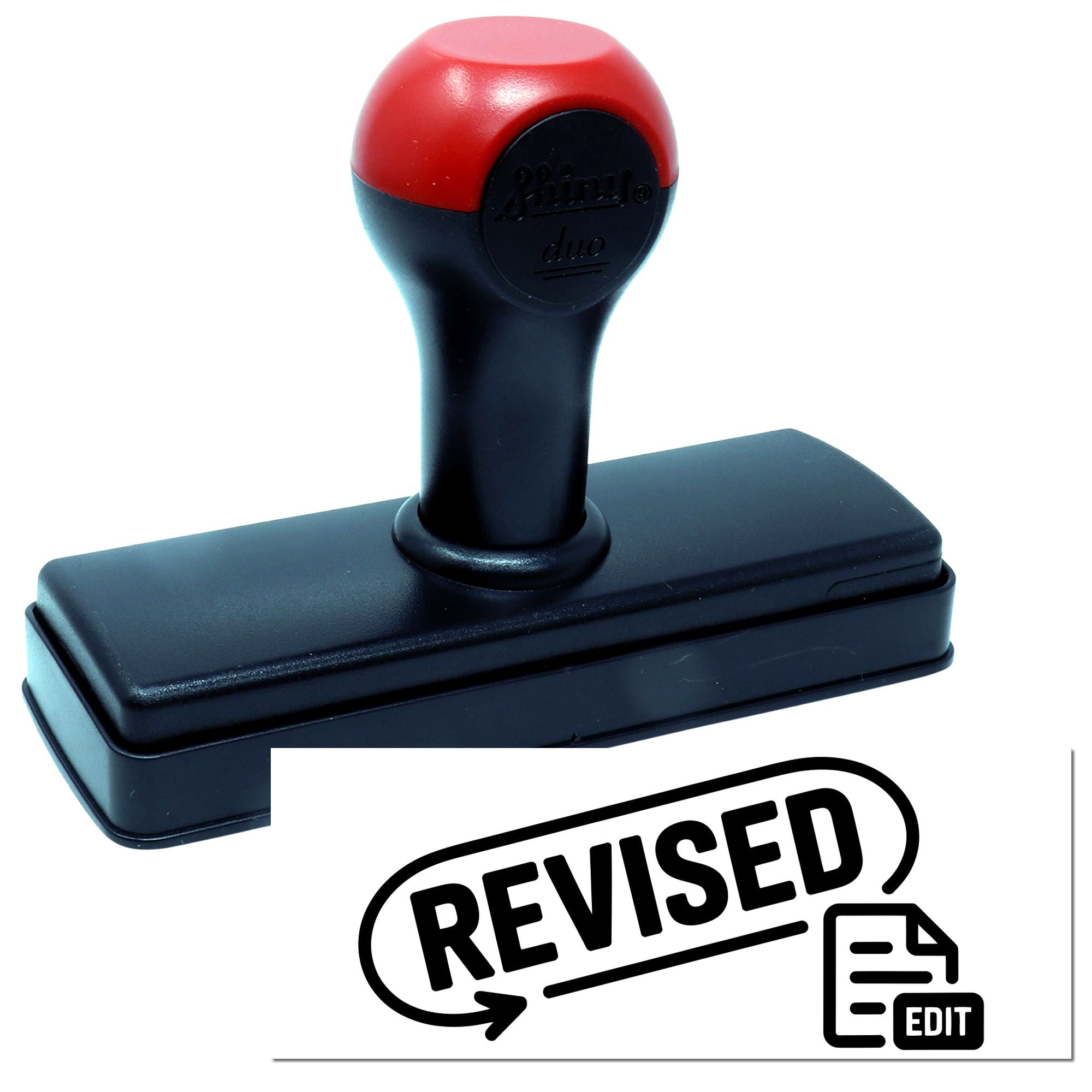 Red and black self-inking stamp and revised edit seal with document icon on white background.