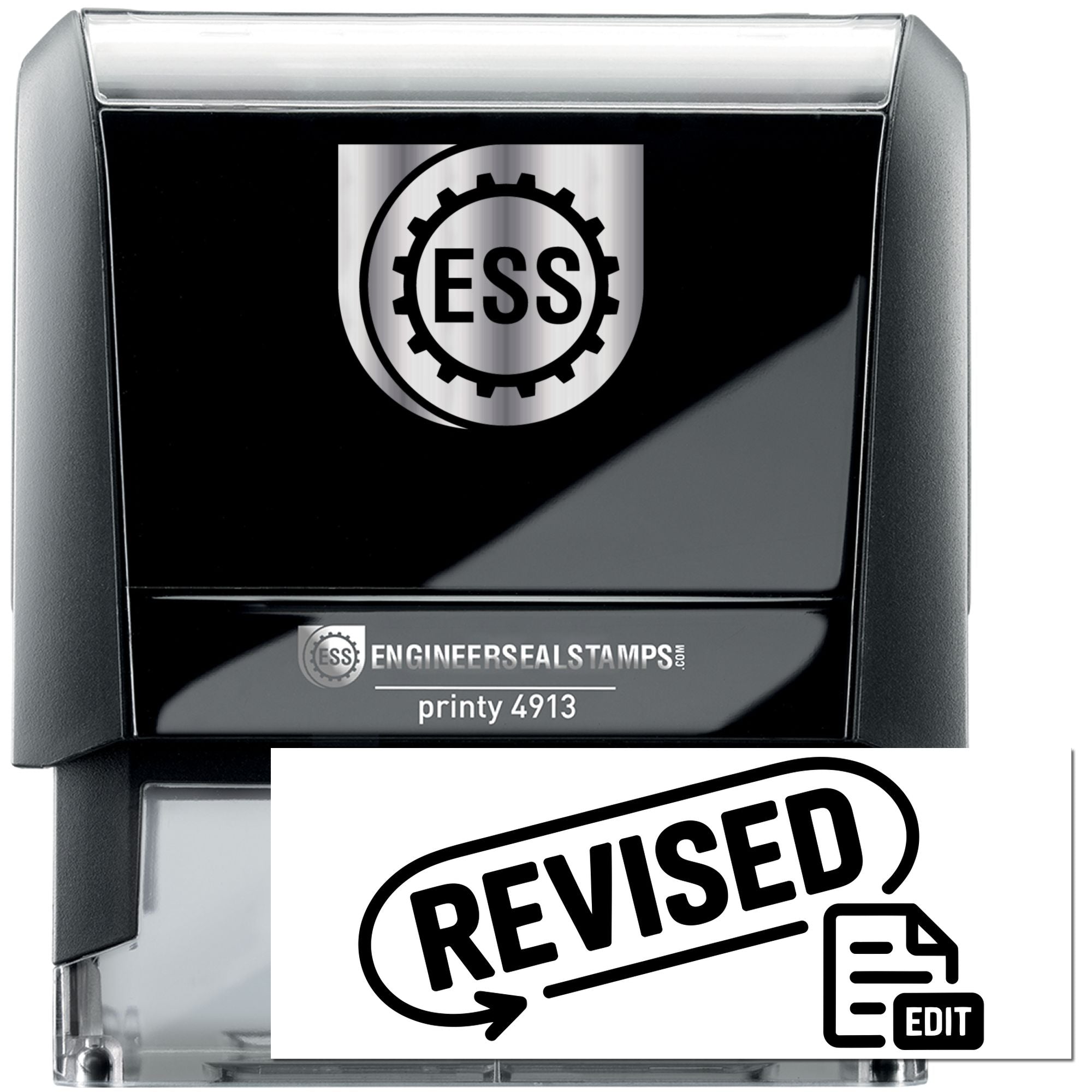 Black ESS engineer seal stamp with silver top, gear logo, and bold REVISED seal