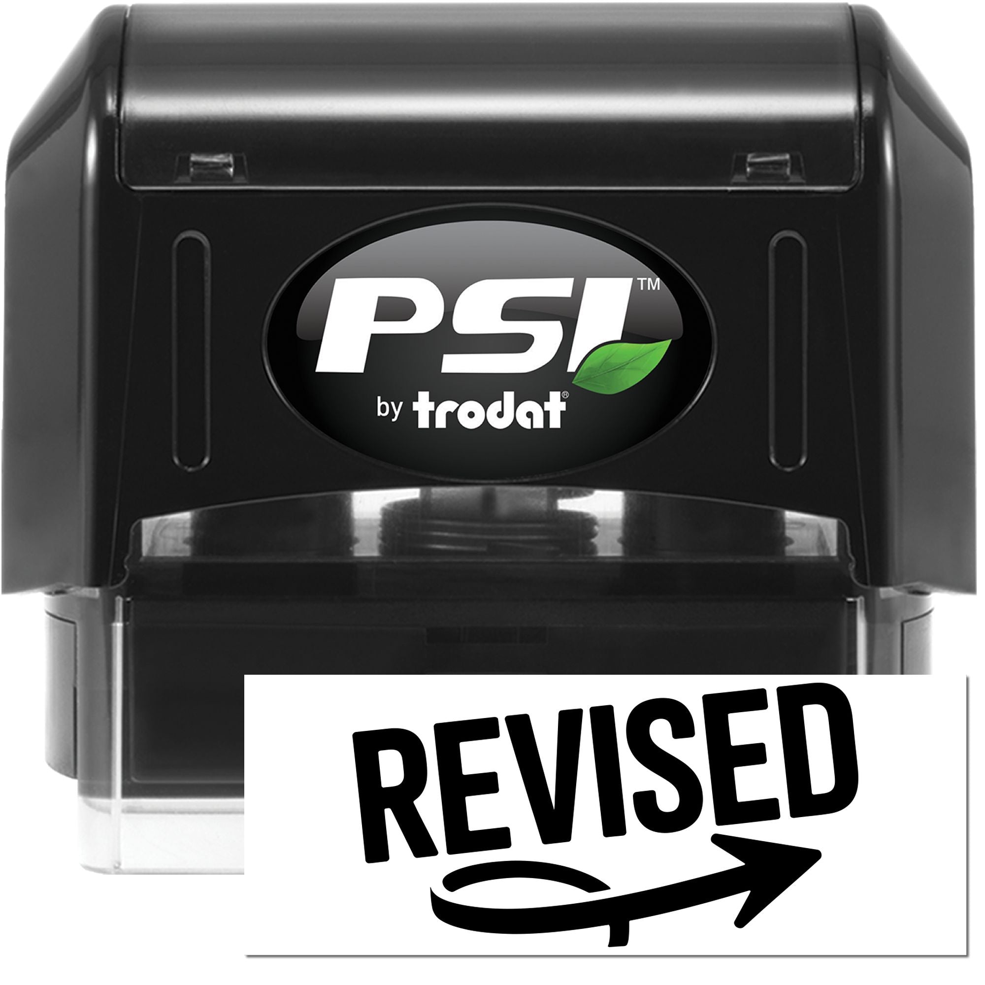 Black PSI by Trodat self-inking stamp with green leaf logo and bold black REVISED seal