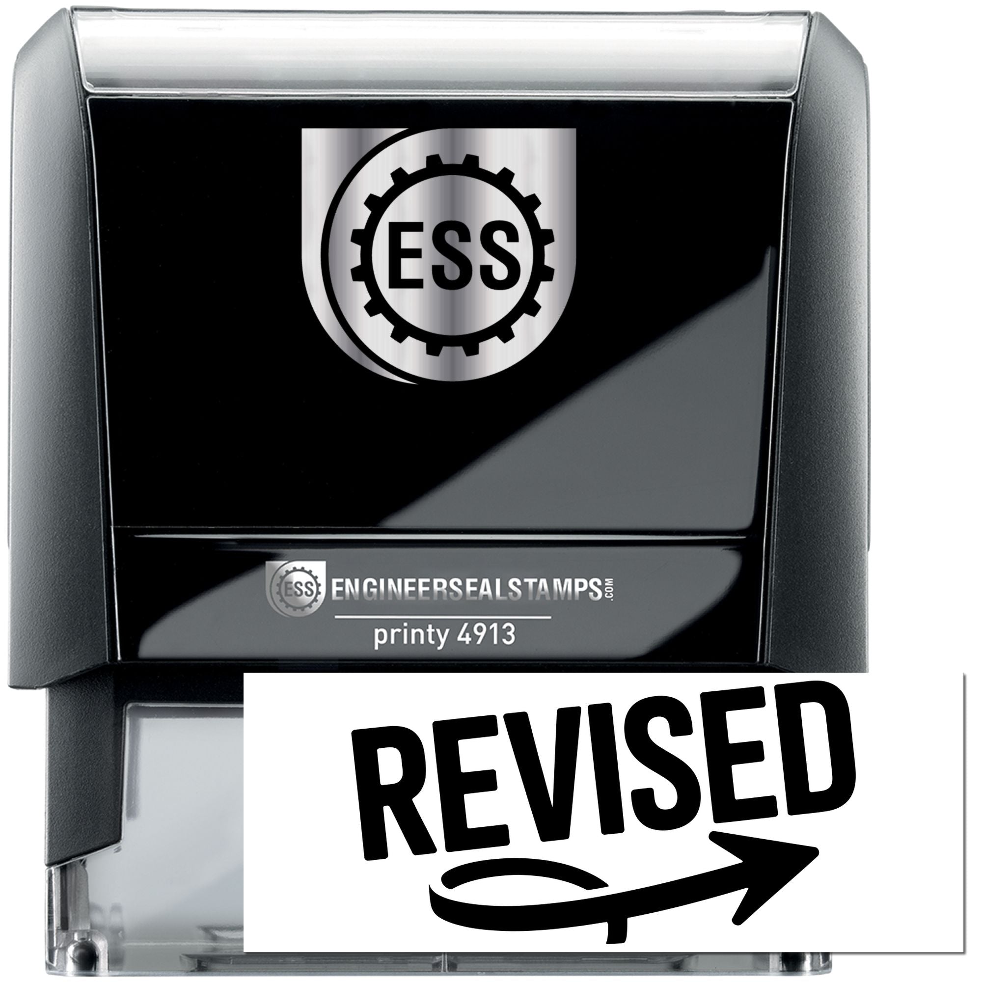 Black and silver ESS Engineer Seal self-inking stamp with gear logo, Printy 4913, and Revisited label