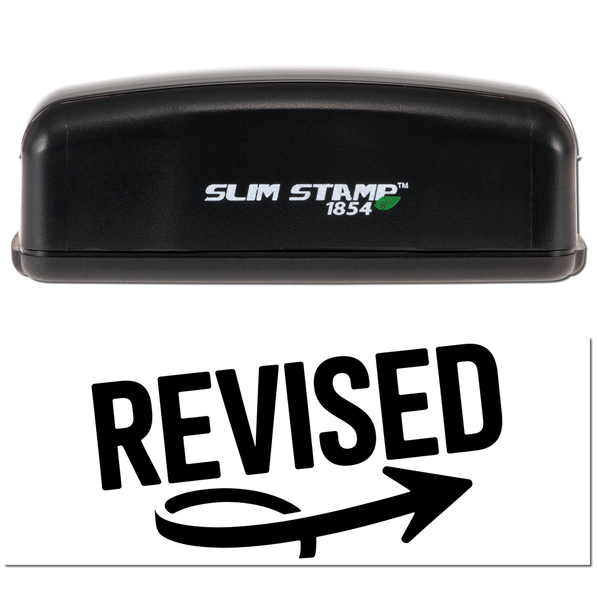 Black Slim Stamp 1854 stamp and seal device with bold REVISED imprint on white background