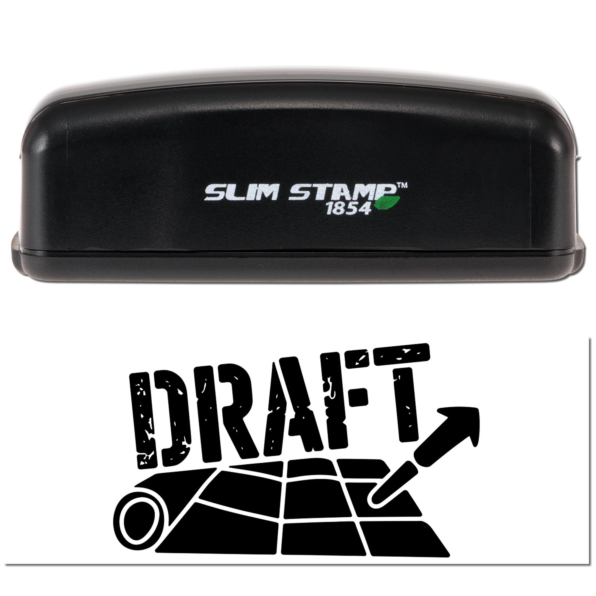 Black Slim Stamp 1854 stamp and seal case above a black DRAFT stencil graphic with upward arrow on white background.