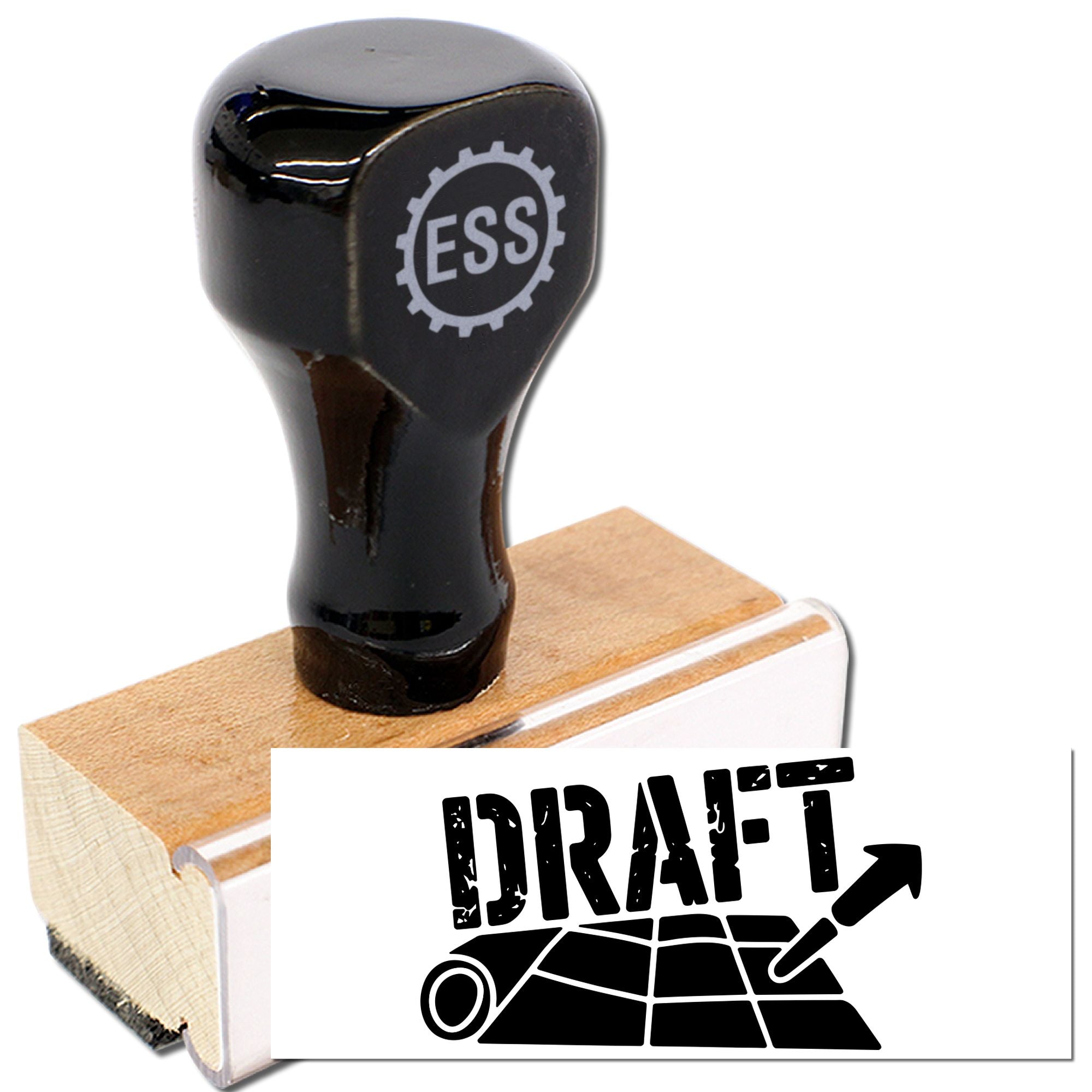 Black ESS rubber stamp on wooden block with white DRAFT impression and gear logo, for stamp and seal products.