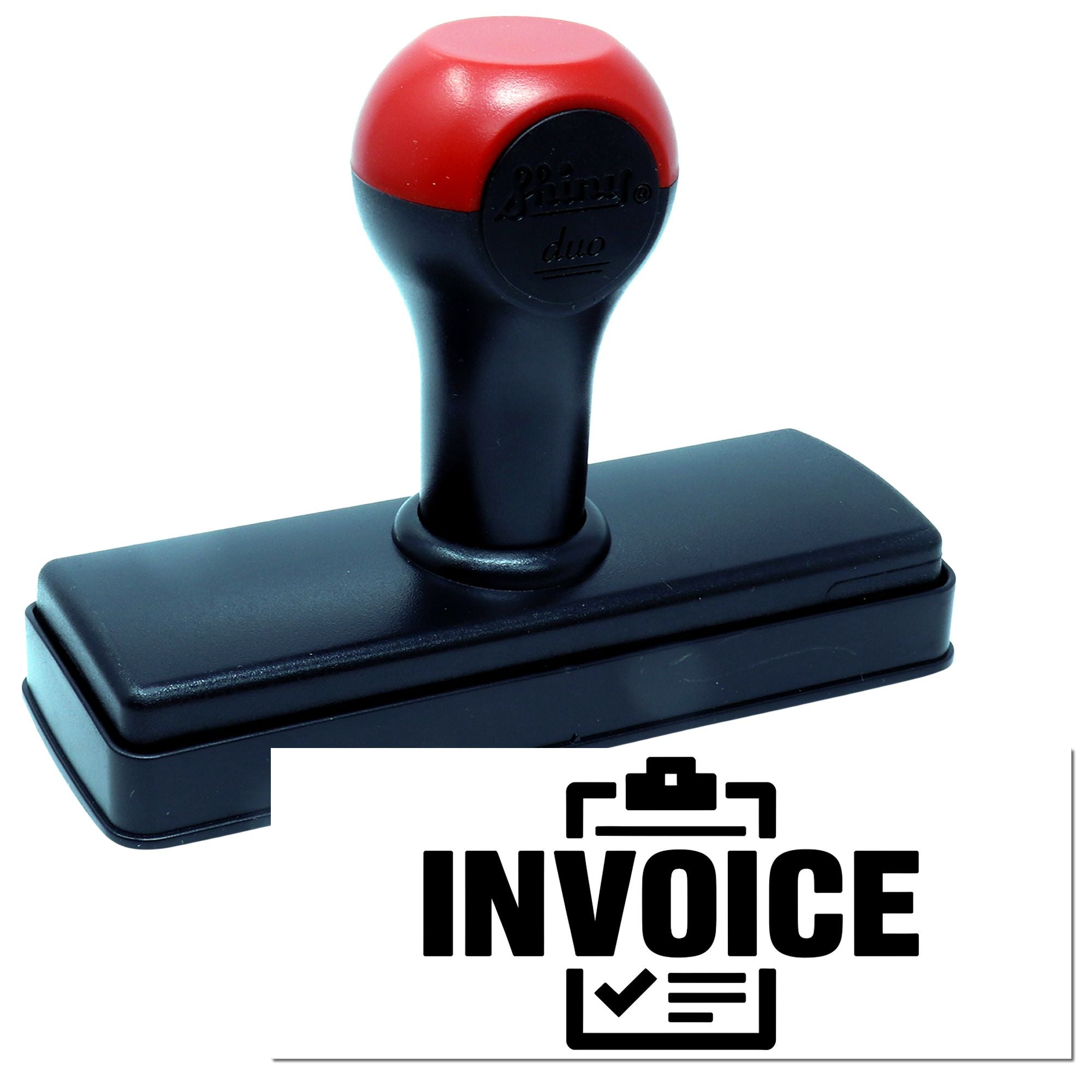 Red and black self-inking invoice stamp with rectangular seal base and bold invoice icon.
