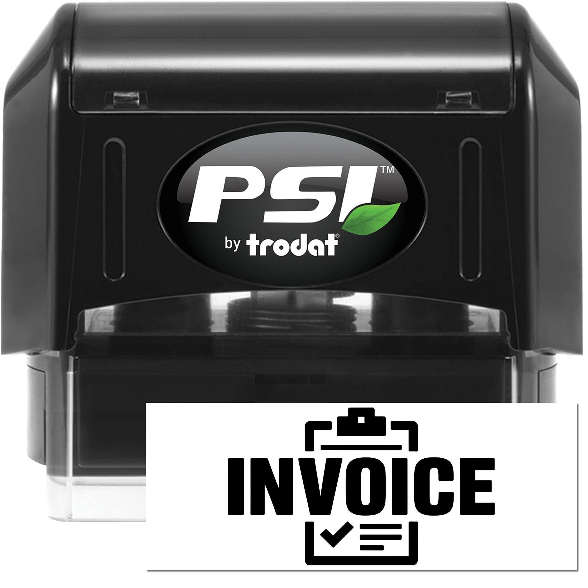 Black PSI by Trodat self-inking stamp with green leaf logo, shown above a white invoice seal card.