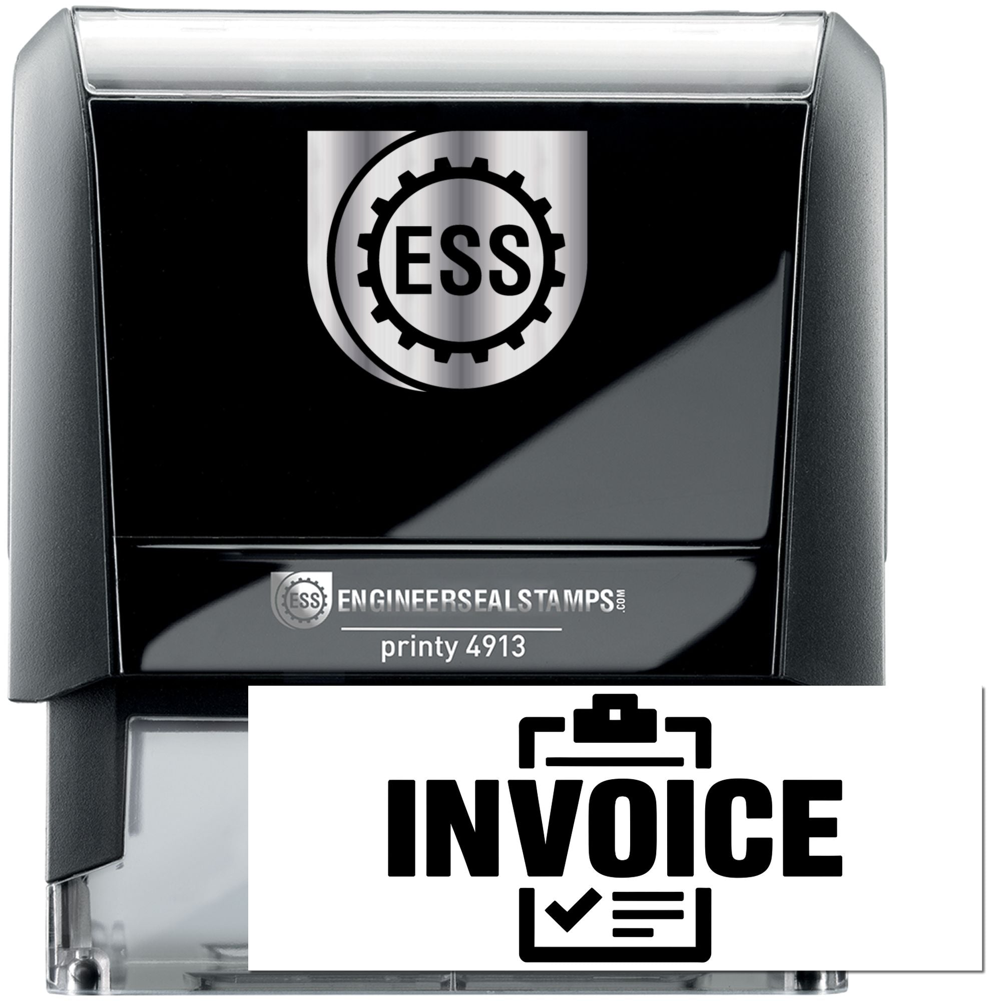 Black ESS self-inking engineer seal stamp with silver casing, Printy 4913, and invoice marking