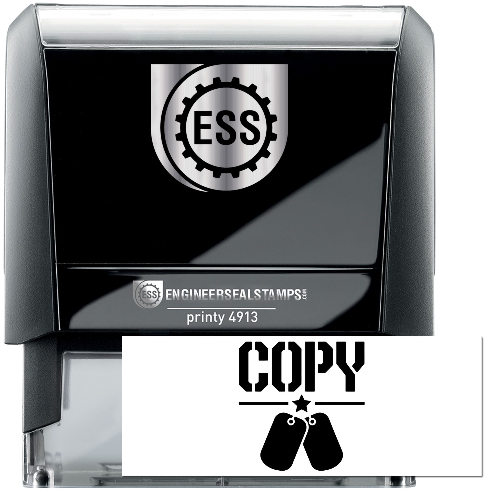 Black and silver self-inking engineering seal stamp with ESS logo and COPY label